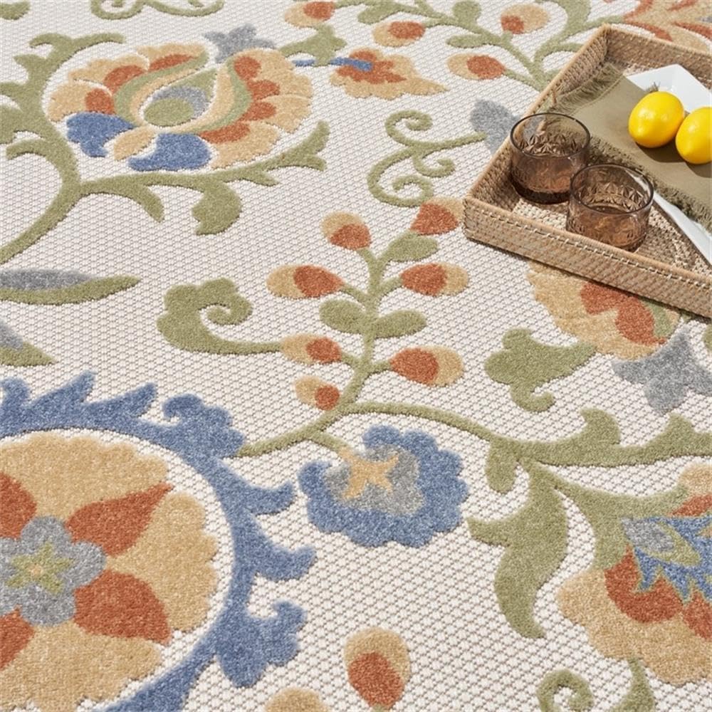 Pemberly Row 42x66 Polypropylene Area Rug, Ivory and Blue Finish, Flat-Woven High-Low Texture with Floral Pattern, Stain-Resistant Indoor/Outdoor Use, Easy to Clean