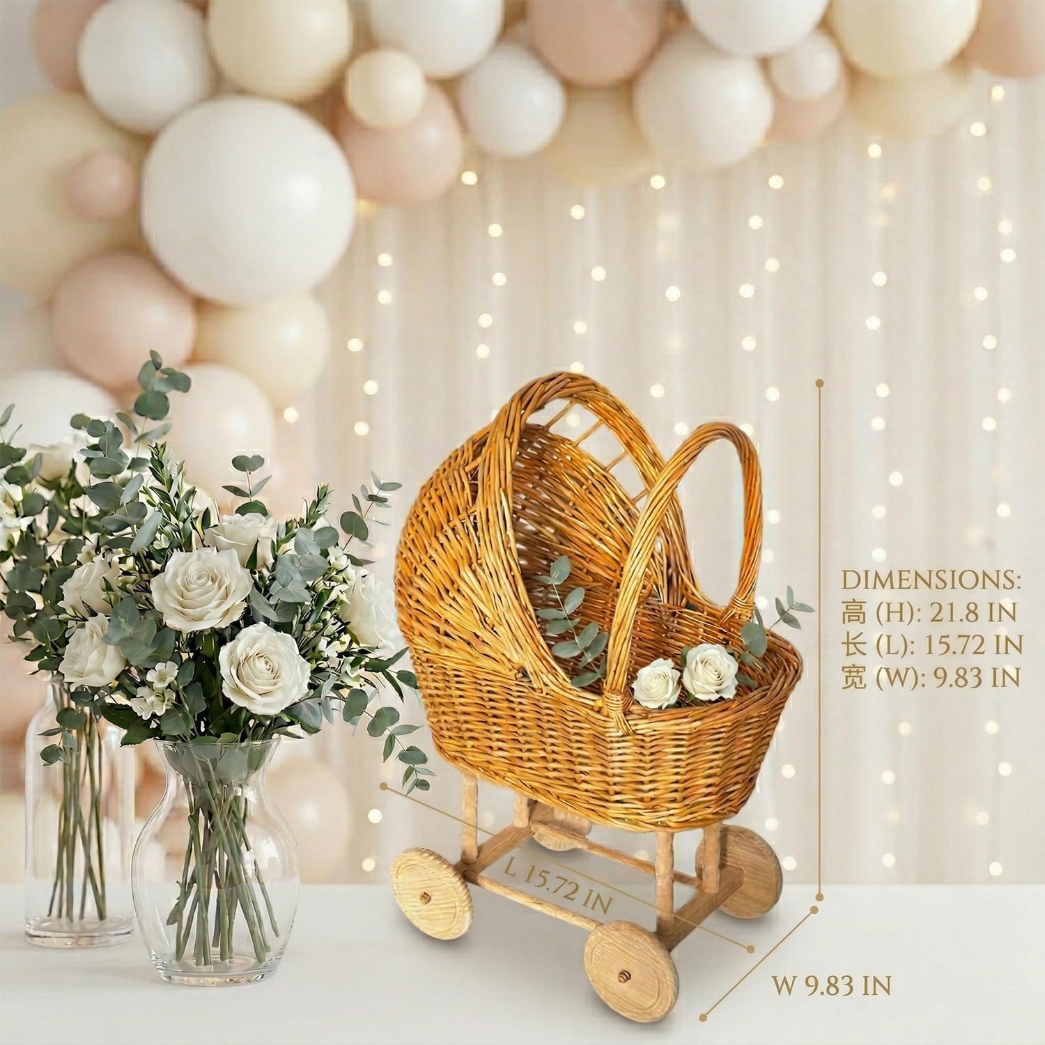 Wicker Carriage,Woven Rattan Stroller Shaped Flower Basket,Natural Willow Branches，Used for Welcoming Infants, Wedding Parties, Home Decor, Floral Decoration