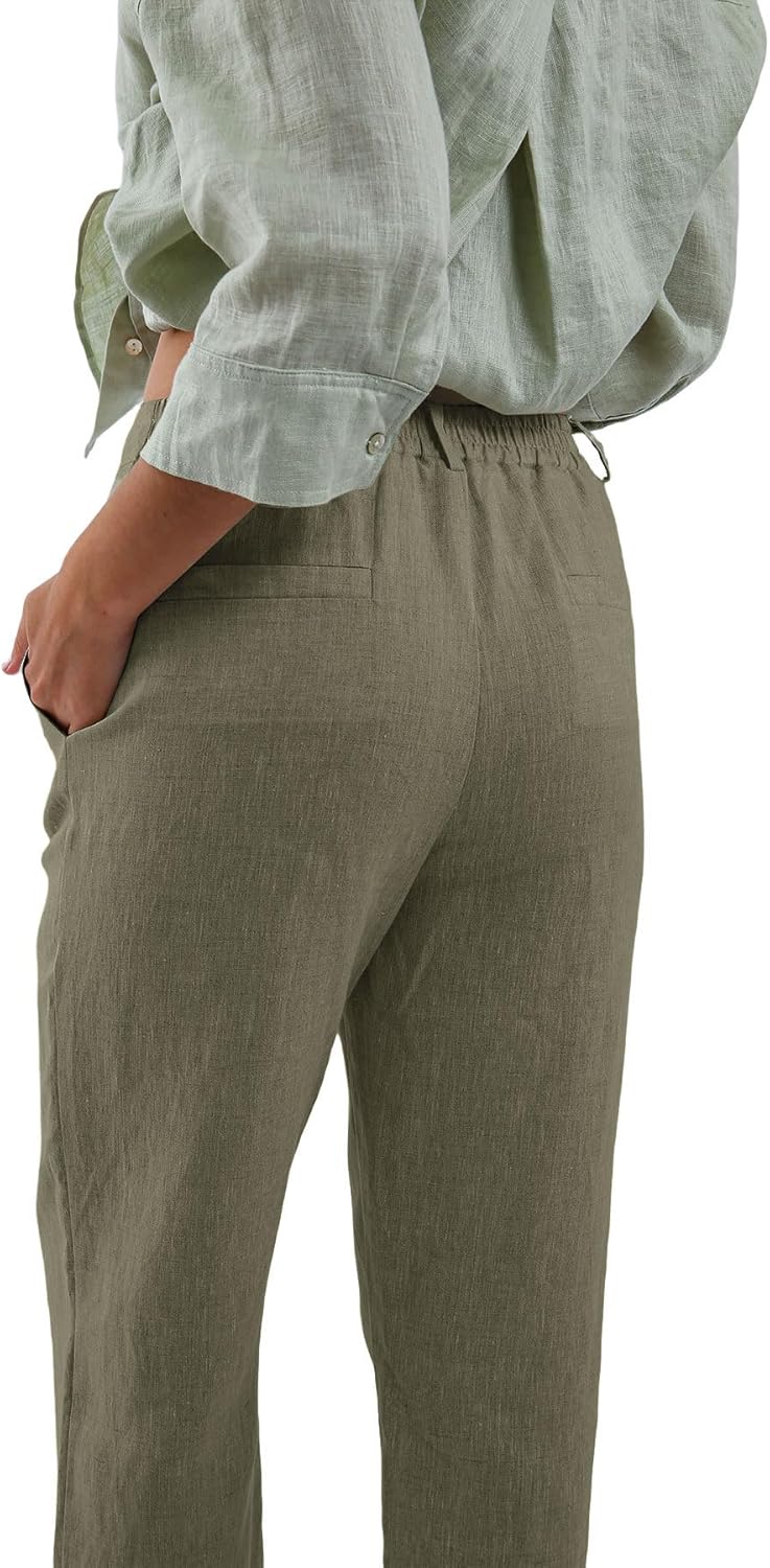 Amazhiyu Women's 100% Linen Summer High-Rise Effortless Pintuck Ankle Pants Green, Small - Image 2