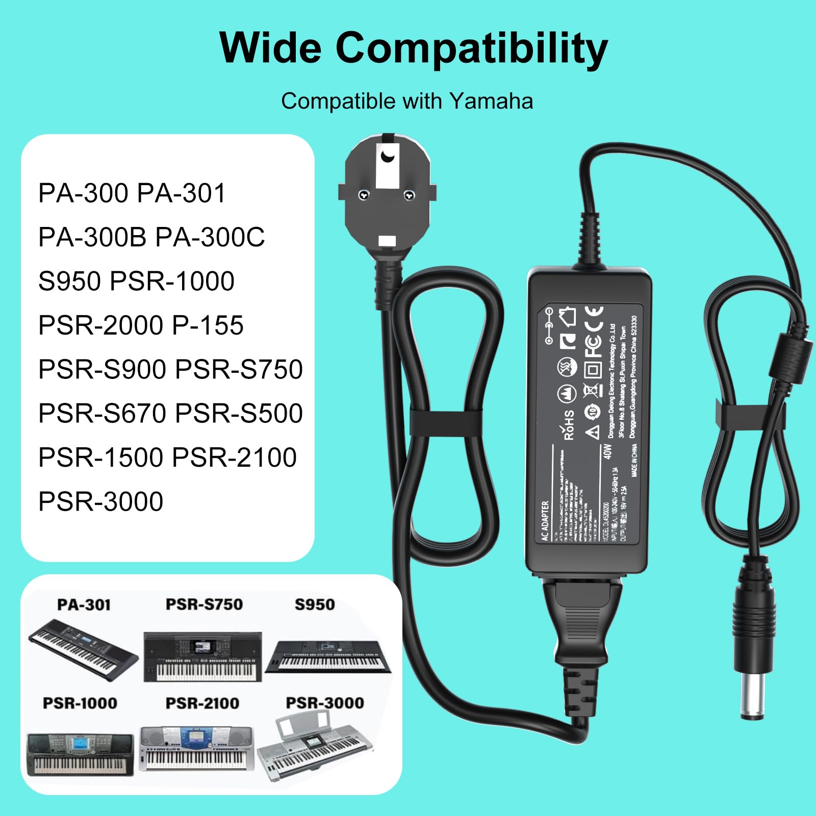 Cargador Adaptador 16V Compatible con Yamaha PA-300 PA-301 PA-300B PA-300C P-120S PSR PSR-S PSRS PSR-1000 PSR-S500 PSRS700 PSR-S900 Teclado Piano CA/CC Fuente de alimentación