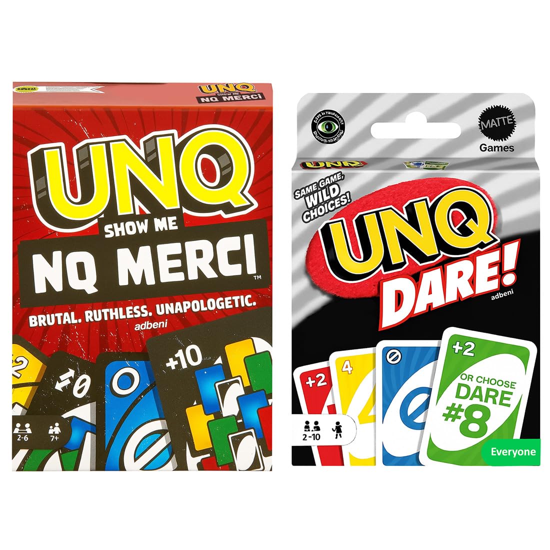 adbeni Matte UNQ Merci & Dare | Combo Pack of 2 | Family Fun Card Games for Kids, Adults & Teens | Portable Travel Game | Fast-Paced Strategy, Action & Reversible Play | Perfect for Gifting