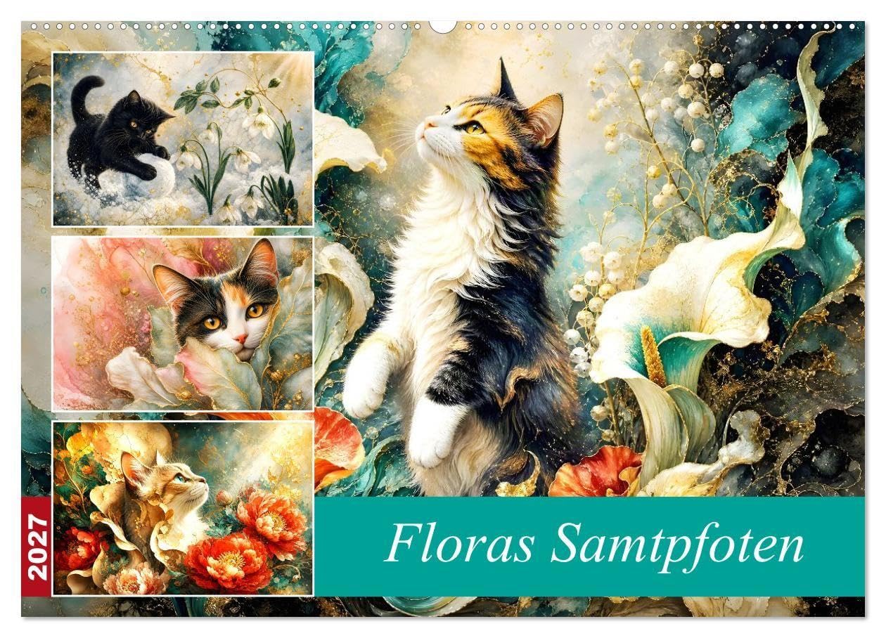 Floras Samtpfoten (Wandkalender 2027 DIN A2 quer), CALVENDO Monatskalender: Magische Katzenwelten in leuchtenden, edlen Blüten. (CALVENDO Tiere)
