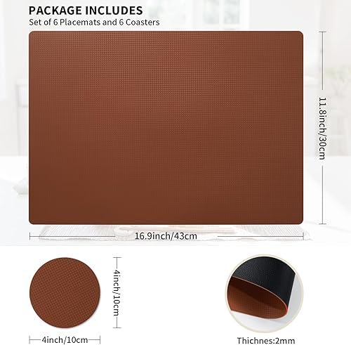 Miniatura 5 de Juego de 6 manteles individuales con posavasos de doble cara, resistentes al calor, resistentes a las manchas, manteles individuales de piel