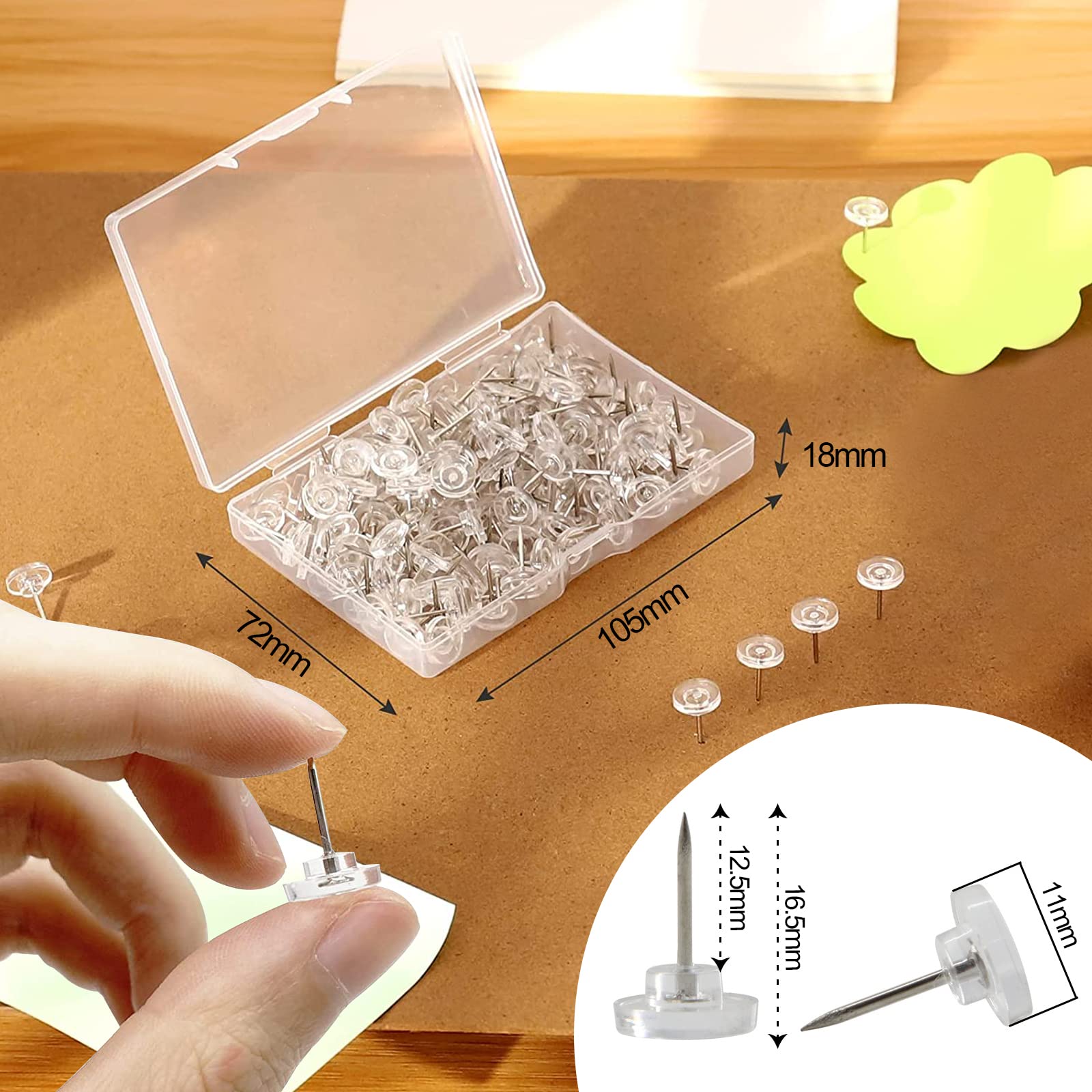 100 Punaises Transparentes Avec Boîte - 16 Mm - Pour Tableaux Et Bureau
