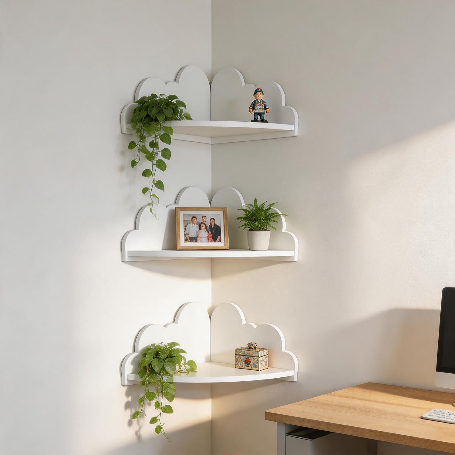 3 Pcs Cloud White Corner Floating Shelves Wall Mounted for Bedroom