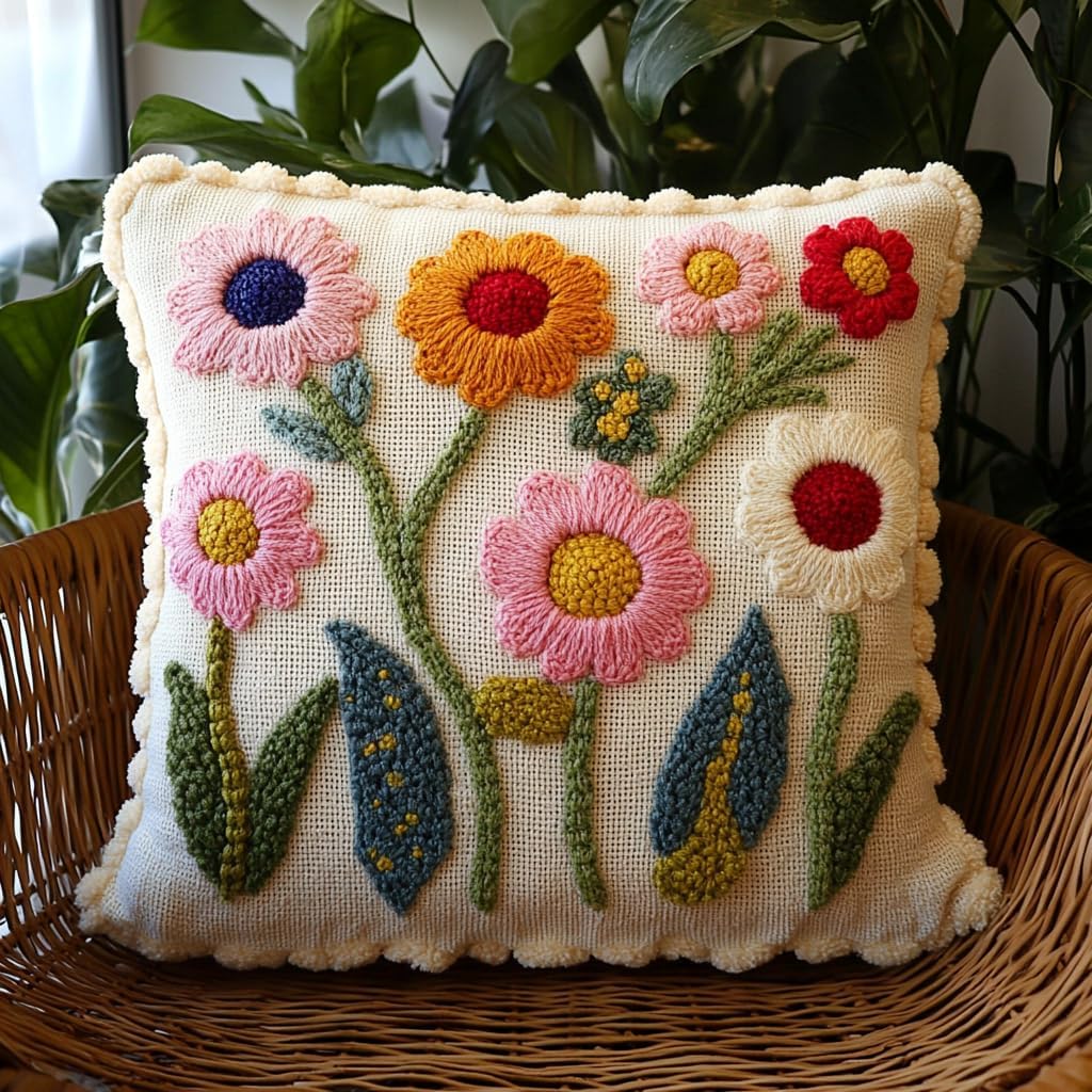 DIY Punch Needle Pillow Kit Cute Little Flowers with Pattern and Hoop Handmade Embroidery Punch Needle Starter Pillowcase Set for Home Sofa Decor 43x43cm-1-3