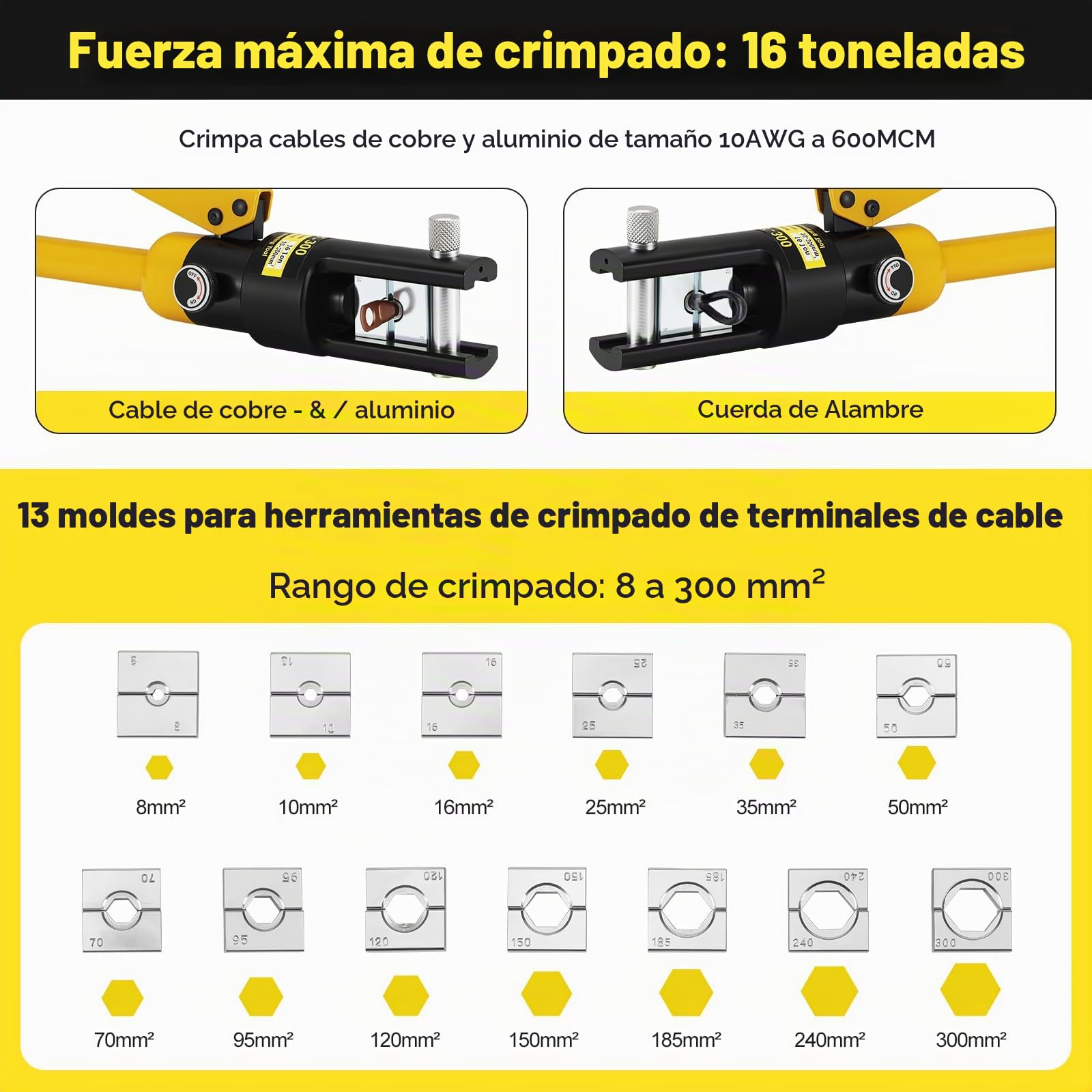 Crimpadora Hidráulica 8-300mm² 16T Alicates Hidráulicos | Herramienta de Crimpado Hidráulico con 13 Matrices, Crimpadora Terminales Hidráulica para Terminales de Cobre y Aluminio