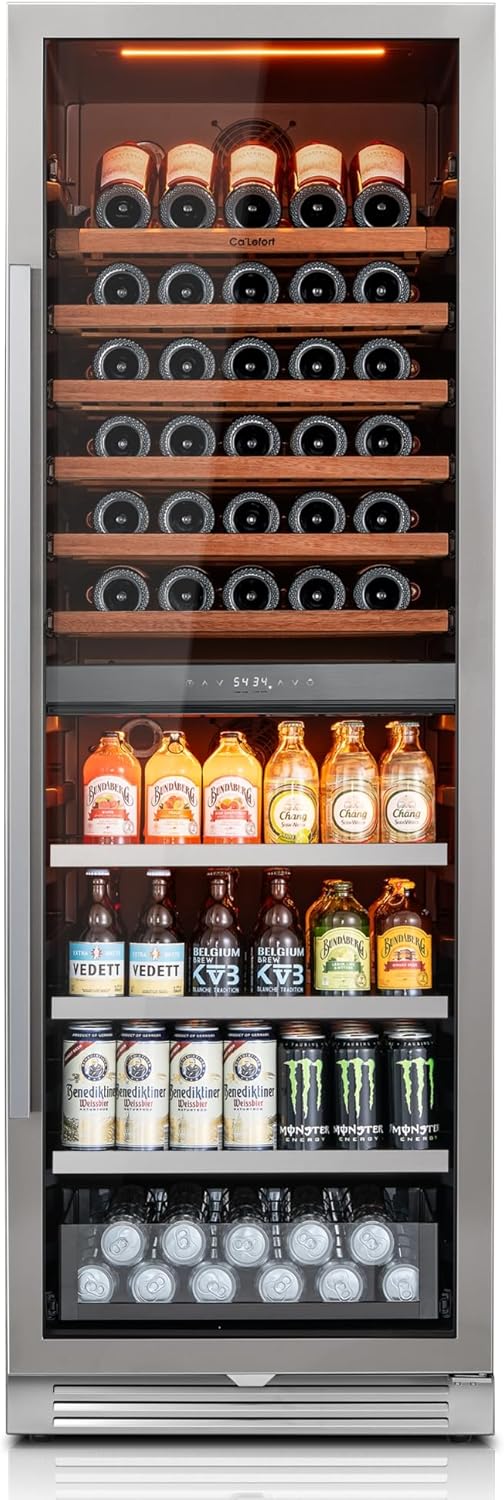 Ca'Lefort Wine Fridge Dual Zone, 177 Can and 77 Bottle 24 Inch Wine Cooler Refrigerator, 34-65°F Fridge with Glass Door, 3 LED Built-in/Freestanding Fridge for Bar/Kitchen/Resterant (Right-Hinged)