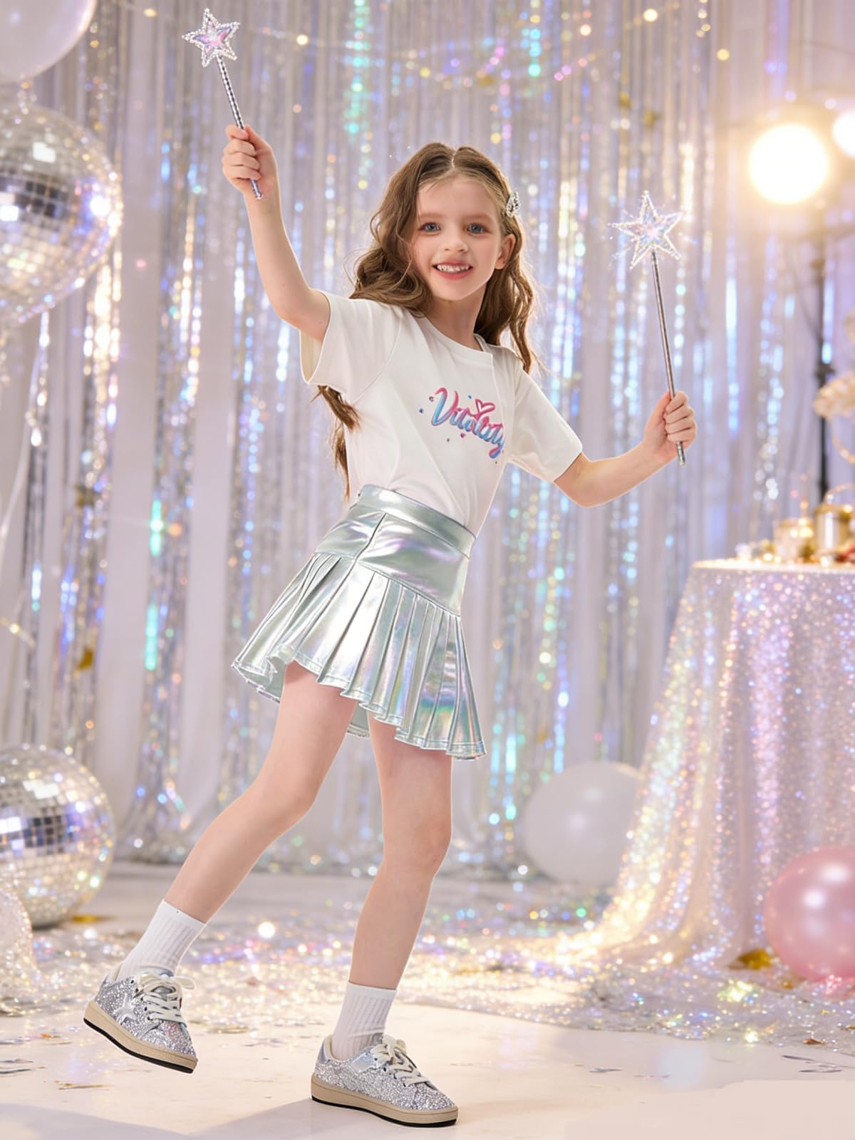 Miipat Falda Plisada Metalizada para Niña, Faldas Infantil Brillantes Cintura Alta Elástica Minifaldas Pantalón con Forro y Bolsillo para Baile Tenis Festa