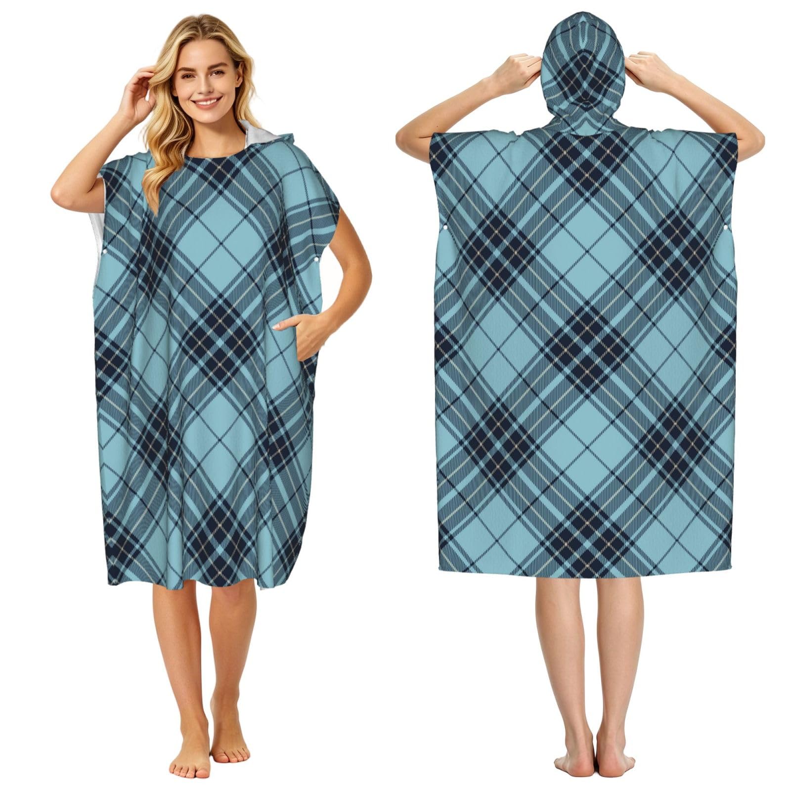 Poadnly Blue Argyle Scottish Tartan Plaid, Adult Hooded Beach Towel 90 x 110 cm,Changing Bath Robe, Surf Poncho Towel For Women Men