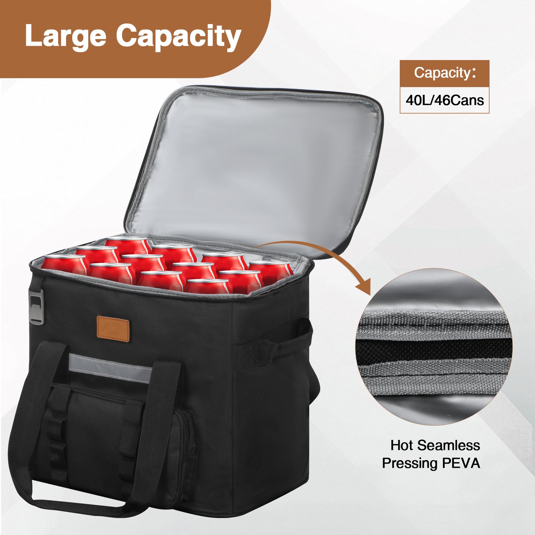 REDCAMP 40L Kühltasche, Große Thermotasche Lunchtasche mit Fronttasche Flaschenöffner, XL wasserdichte Isoliertasche Picknicktasche für Outdoor Camping Lebensmitteltransport, Schwarz