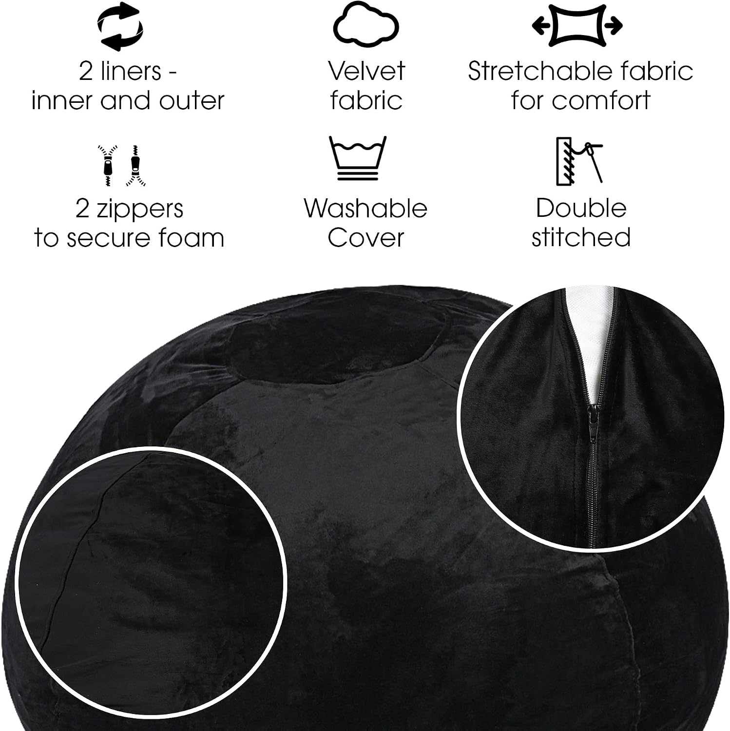 Foamma Minky Velvet Bean Bag Chair, Black - 4ft Plush Floor Chair for Kids and Adults with Washable Cover, Lounge Chair with Stretchable Fabric, Comfy Chair with Minky Velvet Cover, Bedroom Chair