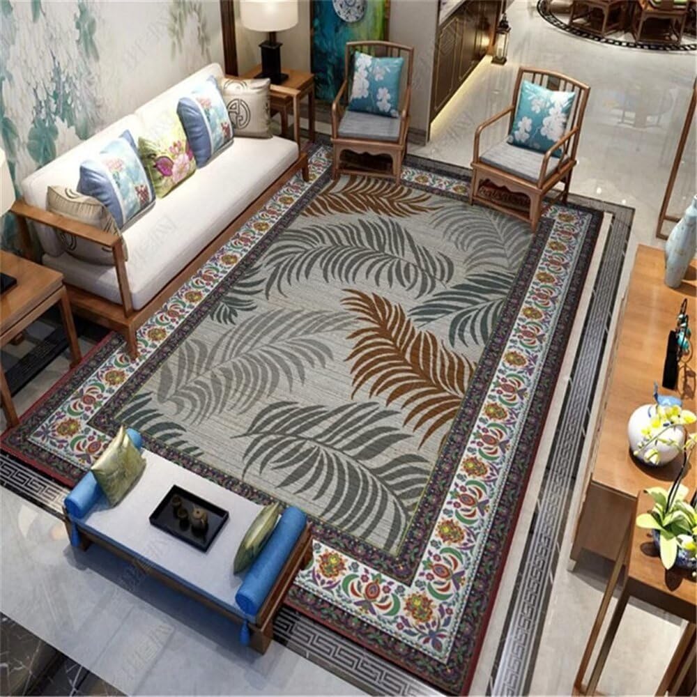 Tapis chambre gamer gris et brun 200x250cm au motif feuillage vintage