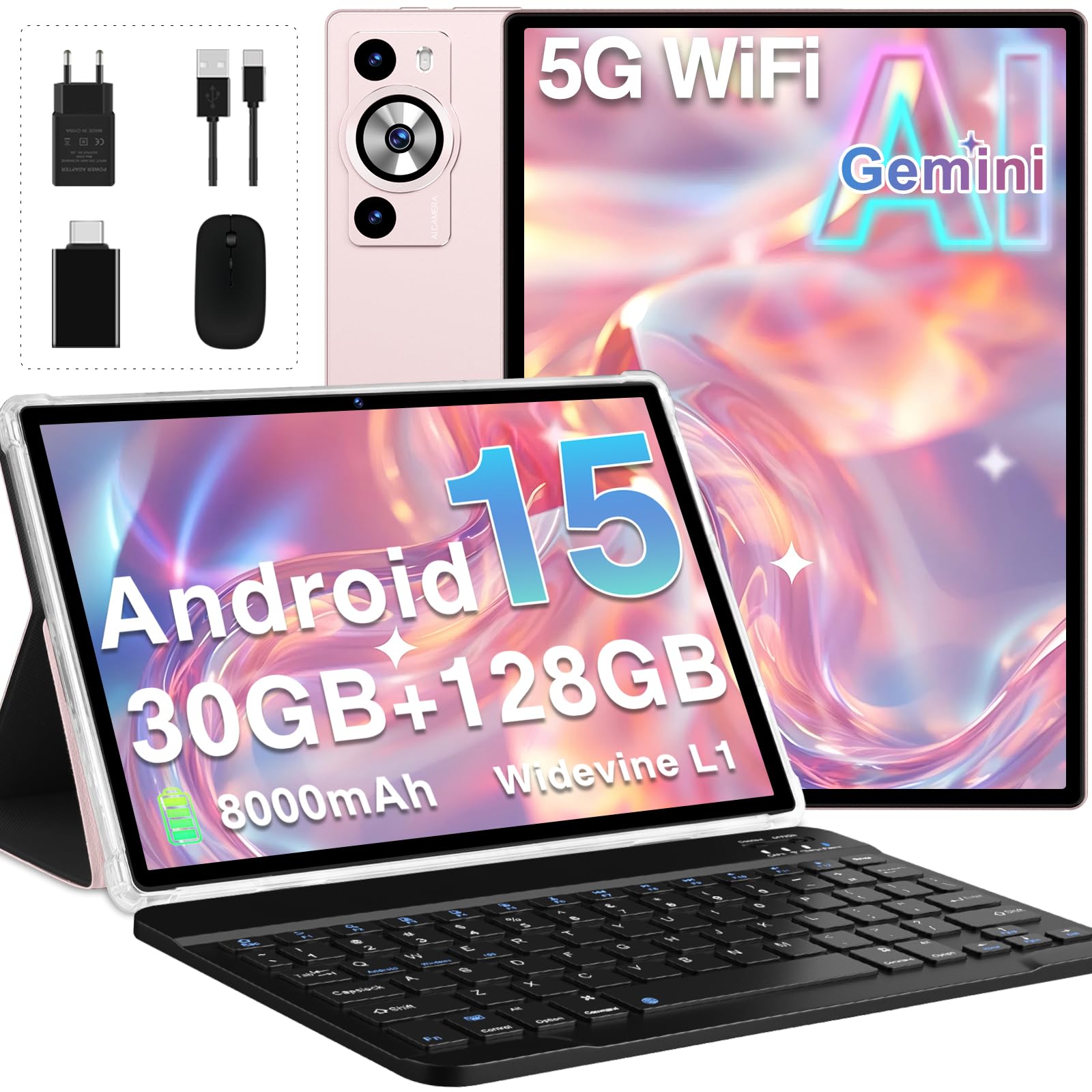2026 Tablette Android 15 Gemini AI, Tablette Tactile 10 Pouces, 30Go RAM+128Go ROM(TF 2To), Octa-Core 2.0GHz, 5G WiFi, BT5.0, 8000mAh, WideVine L1, 8+5MP, Type-C, Tablette avec Clavier Souris - Doré