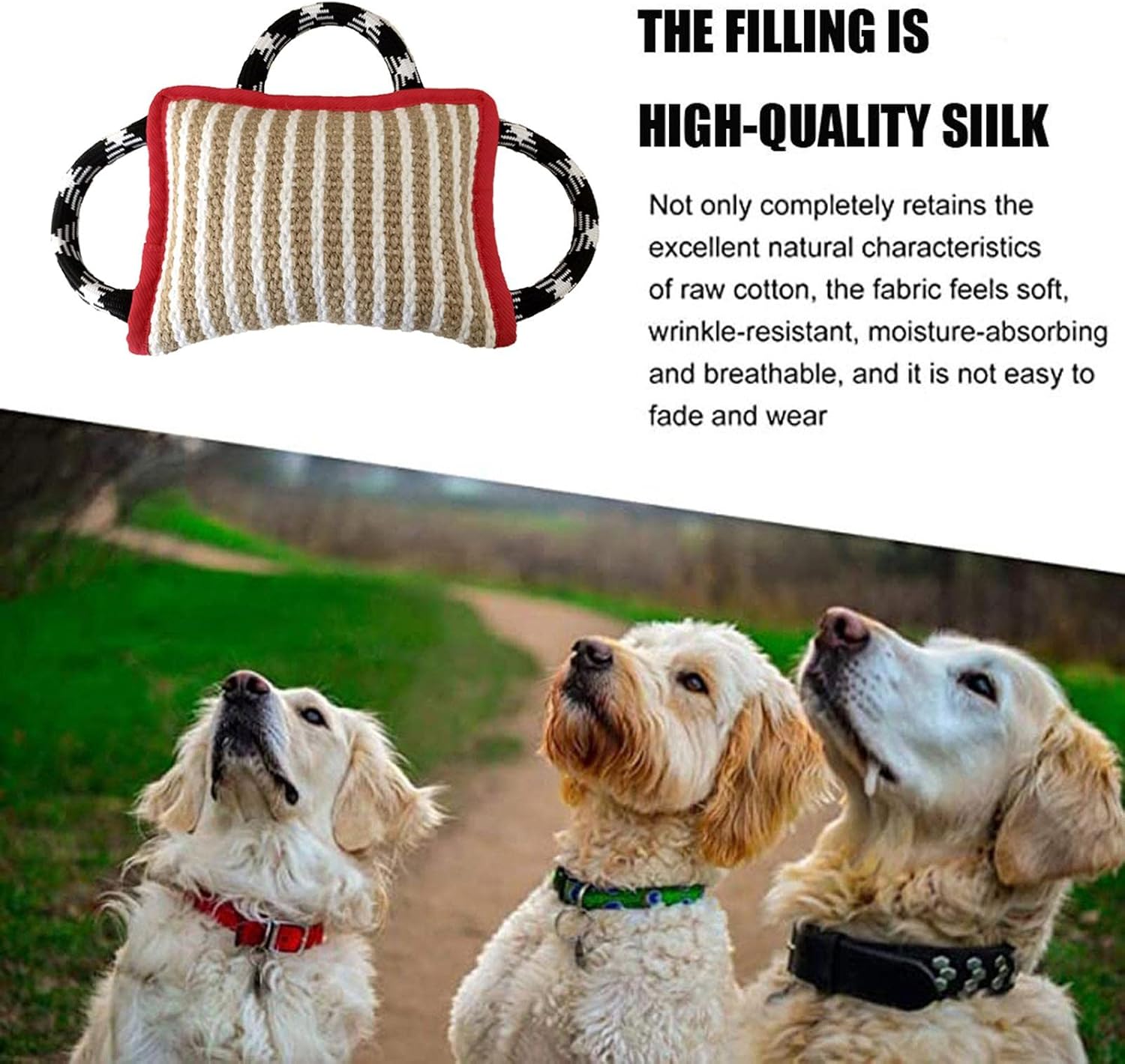 Pillow Tug Toy with 3 Handles Interactive Tug Toy Training Biting for Small Medium Large Dogs, Red