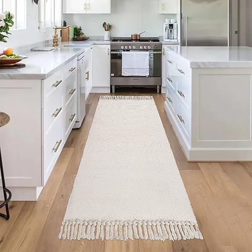 Miniatura 7 de Alfombra de pasillo de cocina de granja, 2 x 5 pies, color blancobeige, lavable, alfombra de algodón tejida para entrada delantera, tapete de cocina