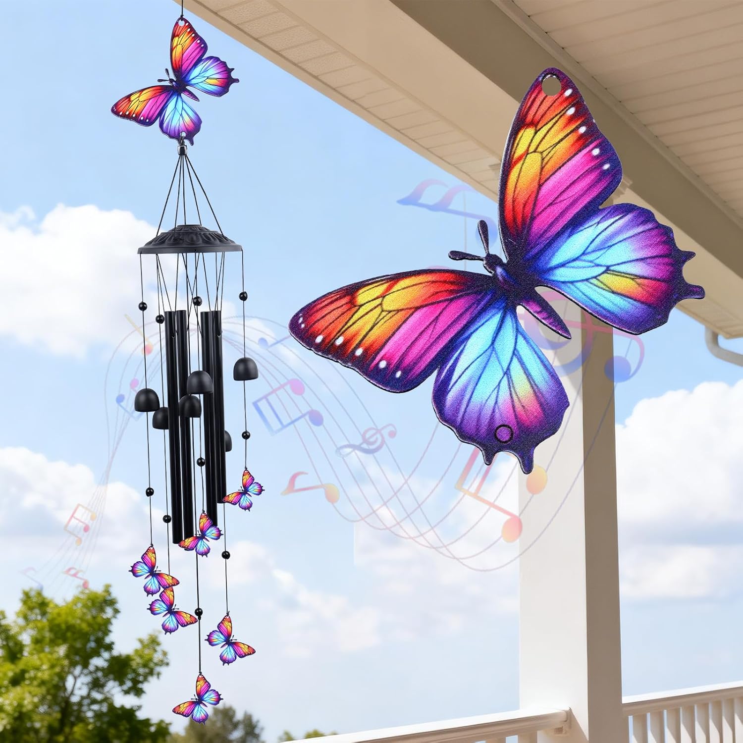 39" Butterfly Wind Chimes for Outside, Balck Metal WindChimes Suitable for Patio, Garden Hanging Decorations, Butterfly Gifts for Birthday Mother’s Day