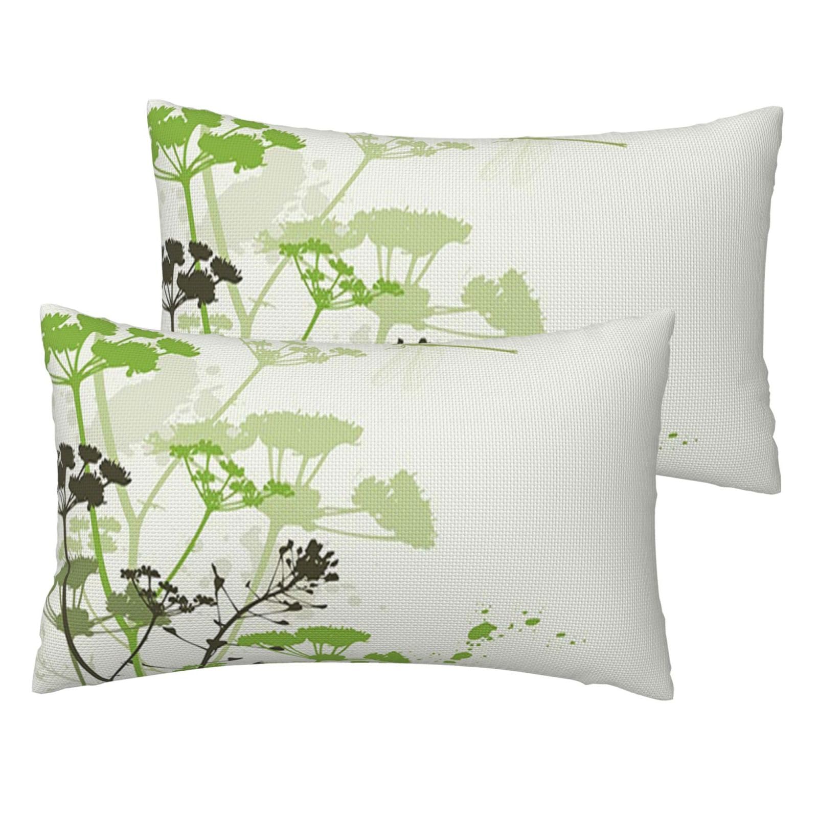 Lot de 2 housses de coussin imitation lin motif feuillage herbe verte libellule deco nature