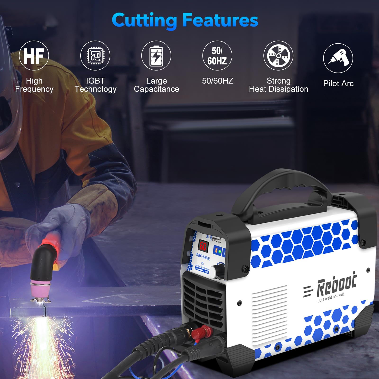Reboot RBC6000L Coupe-plasma 60A – Arc pilote sans contact, 240V, Coupe max 16mm & Coupe propre 10mm, avec kit de consommables
