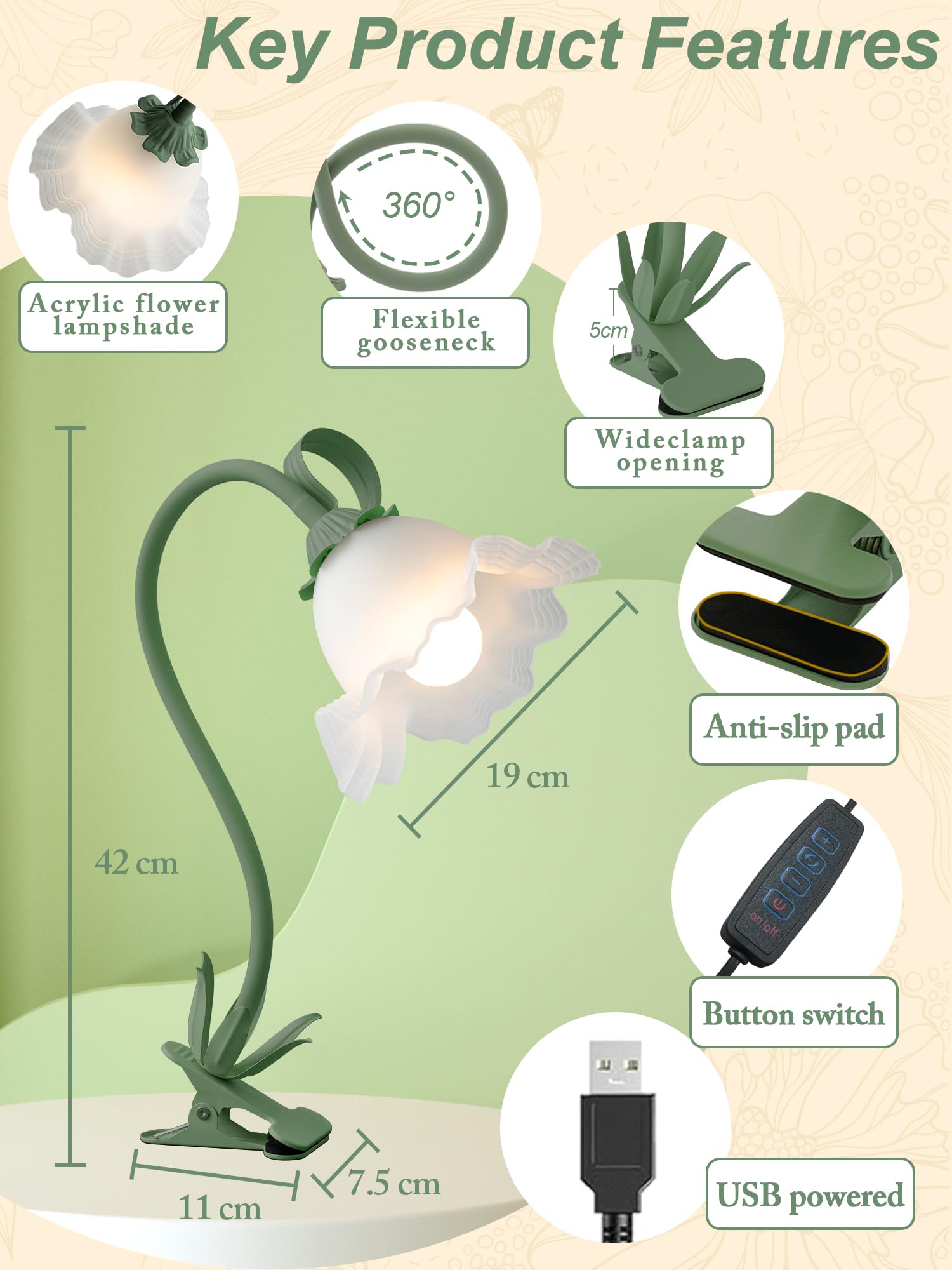 Lámpara de escritorio de flores con clip, luz LED de lectura para el cuidado de los ojos con 3 modos de color, cuello de cisne flexible con clip en la mesita de noche para camas, cabecero, mesa