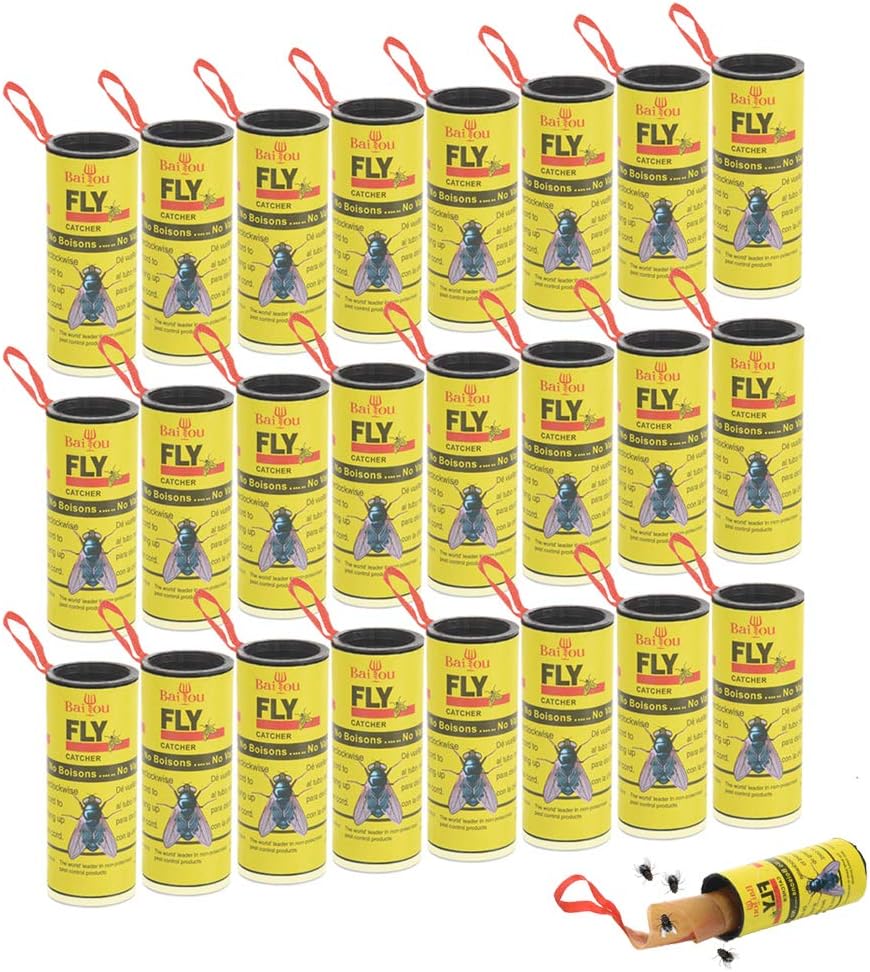 BaiYou Fly Paper Fly Strips Fly Catcher Strips Sticky Fruit Fly Trap for House Indoor Outdoor Use (24 Pack)