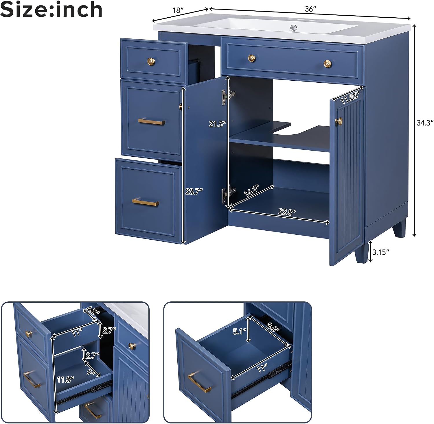Merax 36 Bathroom Vanity with Sink, Navy Blue Single Bathroom Cabinet, with 2 Drawers and 1 Adjustable Storage Shelf, 2 Soft-Close Doors