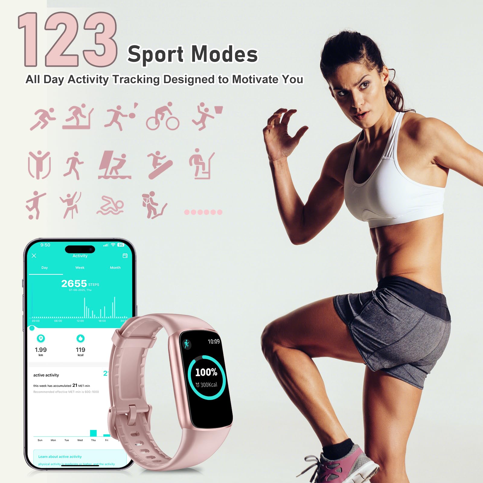 Zeacool Fitness tracker con frequenza cardiaca 24/7, monitoraggio dell'ossigeno nel sangue, monitoraggio del sonno, 123 modalità sportive, contacalorie, contapassi, impermeabile IP68, contapassi, per