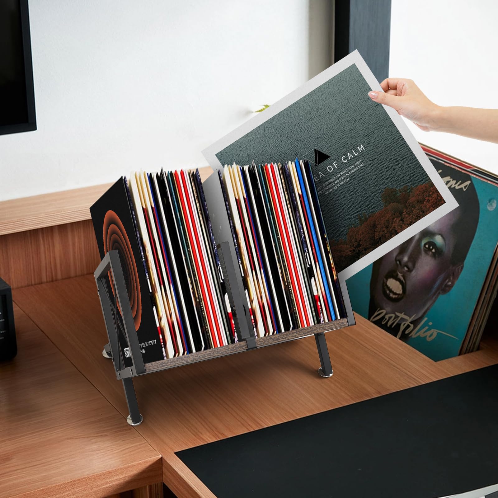 Estante de almacenamiento de discos de vinilo, soporte para discos de vinilo de 80-100 LP, soporte para exhibición, tonos profundos y silenciosos con texturas vintage envejecidas