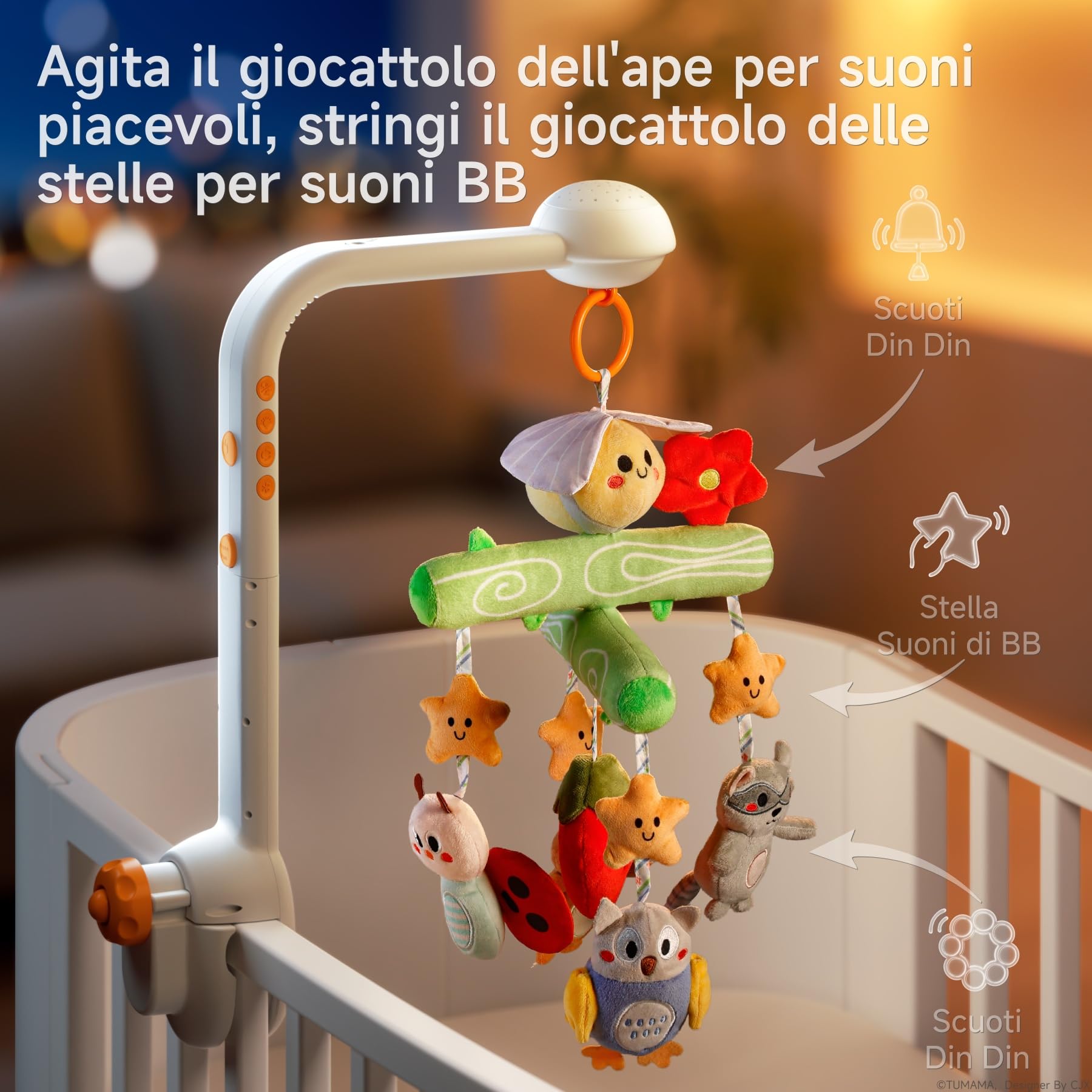 TUMAMA KIDS Giostrina Culla Neonato con Musica e Proiettore di luci, Carillon Culla per Neonati 0 3 6 9 Mesi, Sonaglio Giochi Neonato Telecomandato Giocattolo Sensoriale per Neonati Regalo