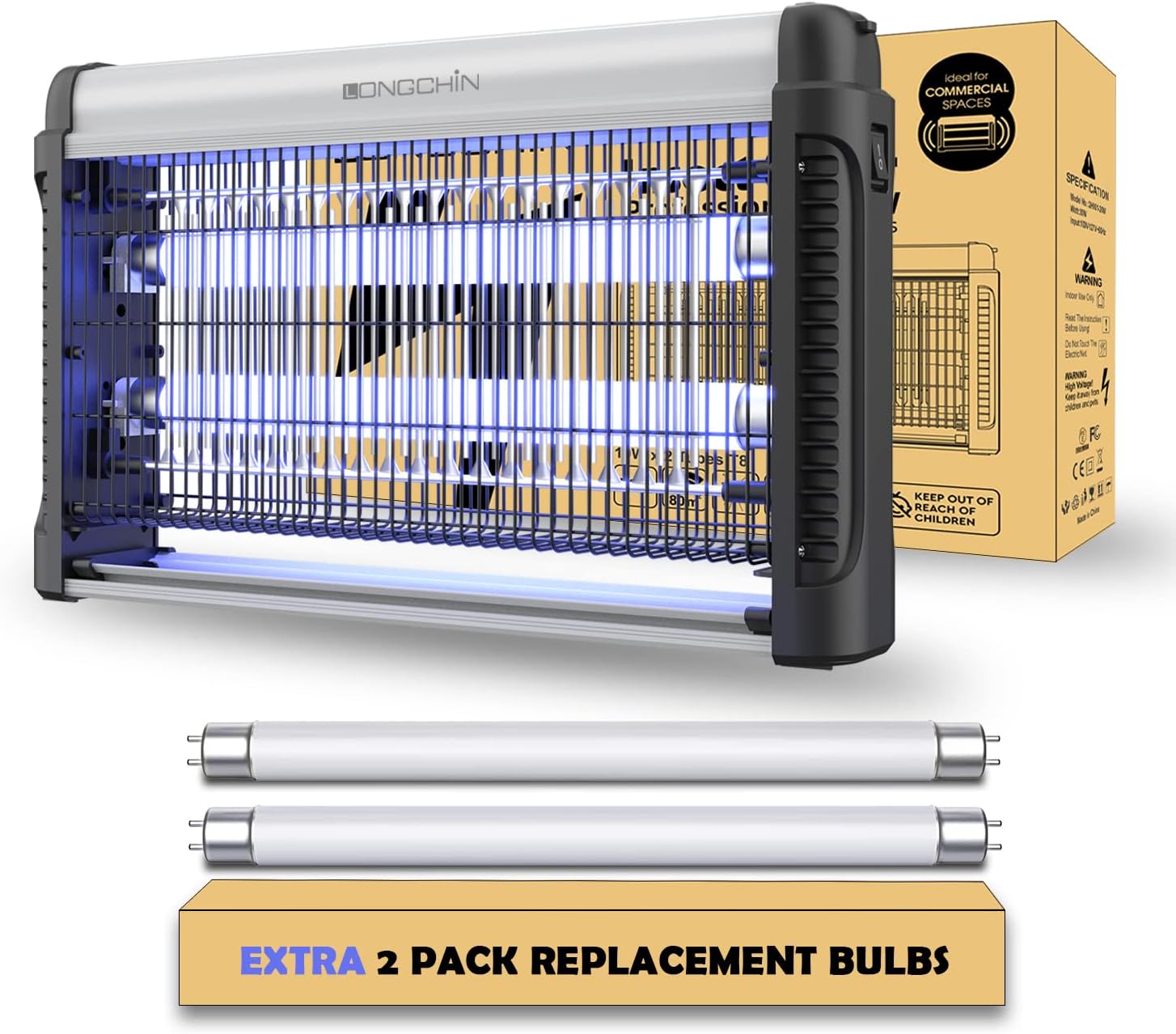 Indoor Electric Insect Killer & Bug Zapper(20W), Mosquito, Bug, Moth, Fly Killer - Powerful 2800V Grid - 2-Pack Replacement Bulbs Included - for Residential & Commercial Indoor Use Only