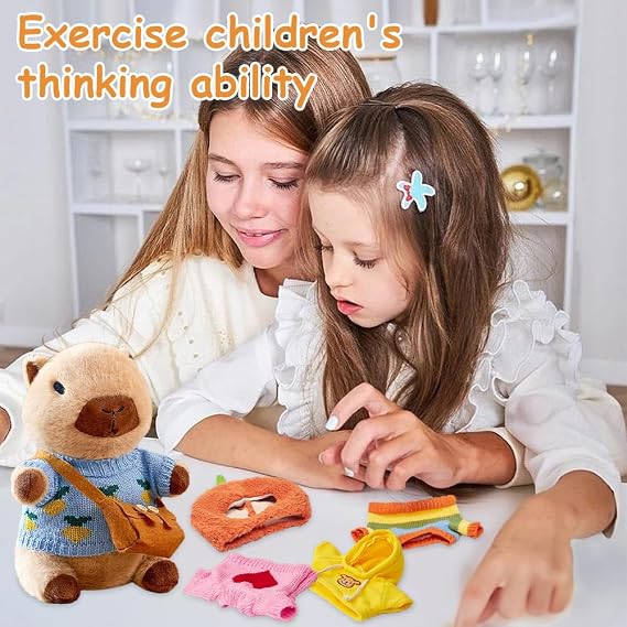 Capybara Plush with 9 PCS Clothes &Accessories, 25cm Capybara Stuffed Animal, Cute CapybaraTeddy, Capybaras Plush Soft Toy,Dress Up Capybaras Stuffed Animal PlushToys Gift for Kids Boy Girl (L)