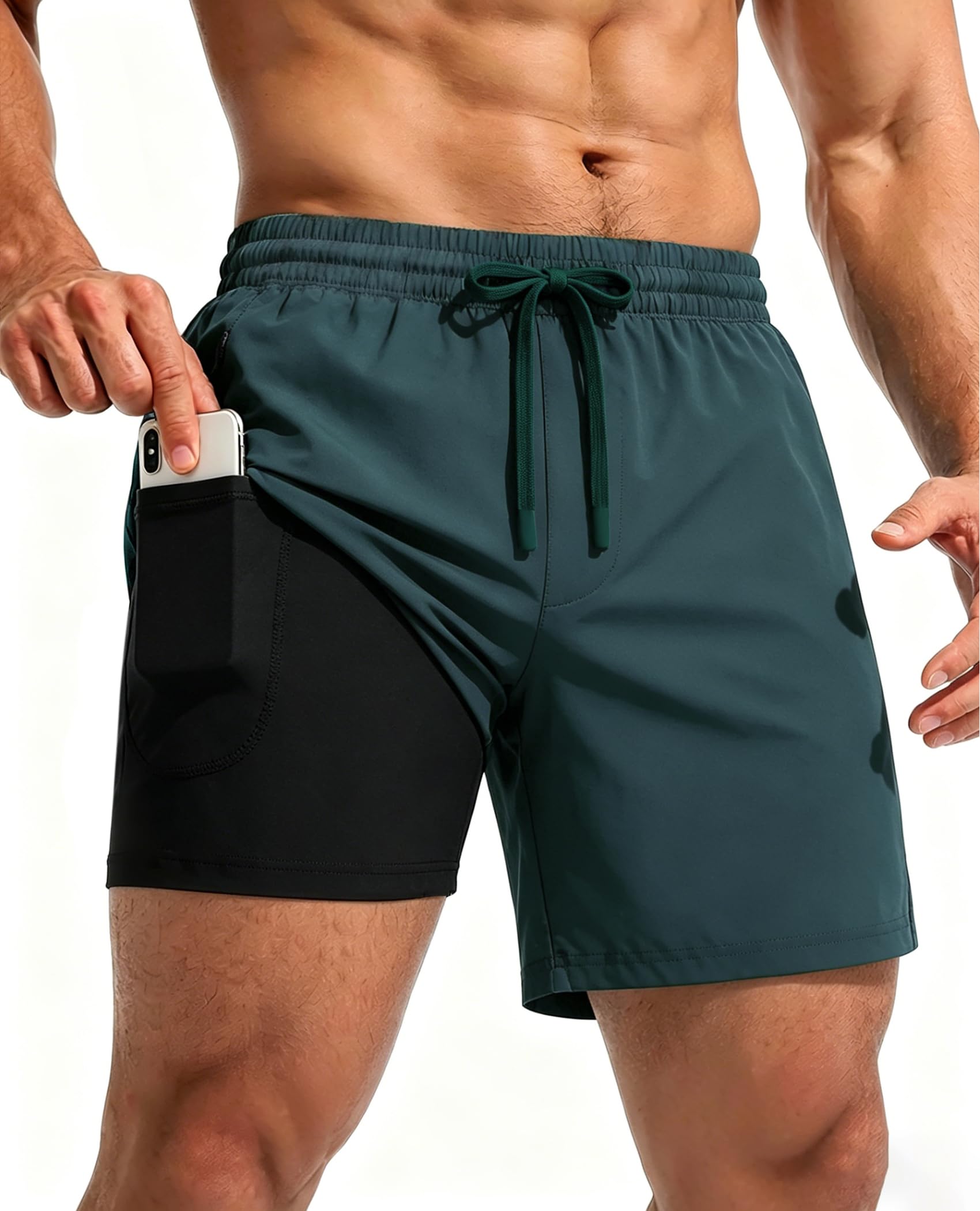 CoozySphere Mens 2 in 1 Running Shorts with Phone Pockets 5 inch Training Gym Shorts with Compression Liner Quick Dry Dark Teal