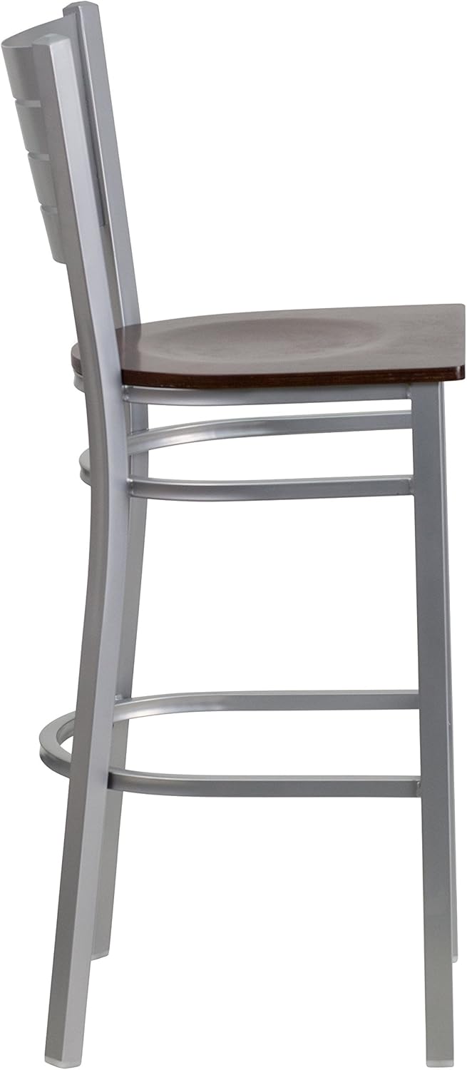 EMMA + OLIVER Silver Slat Back Metal Barstool, Walnut Wood Seat