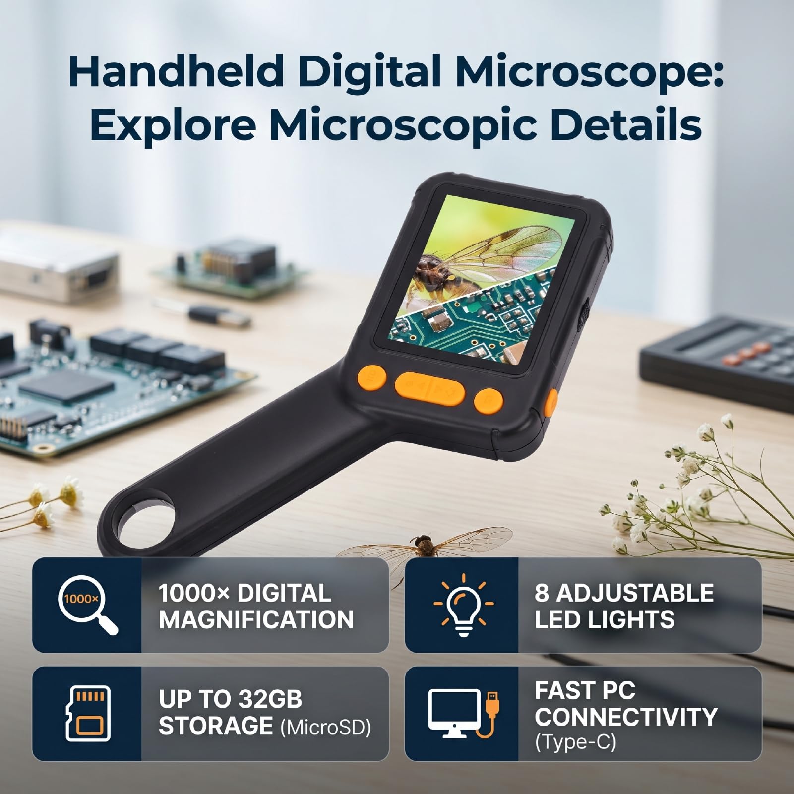 Generic Microscopio Digital de Bolsillo Alta Definición Ampliación 1000X Pantalla de 2,8 Pulgadas para Niños Microscopio Portátil
