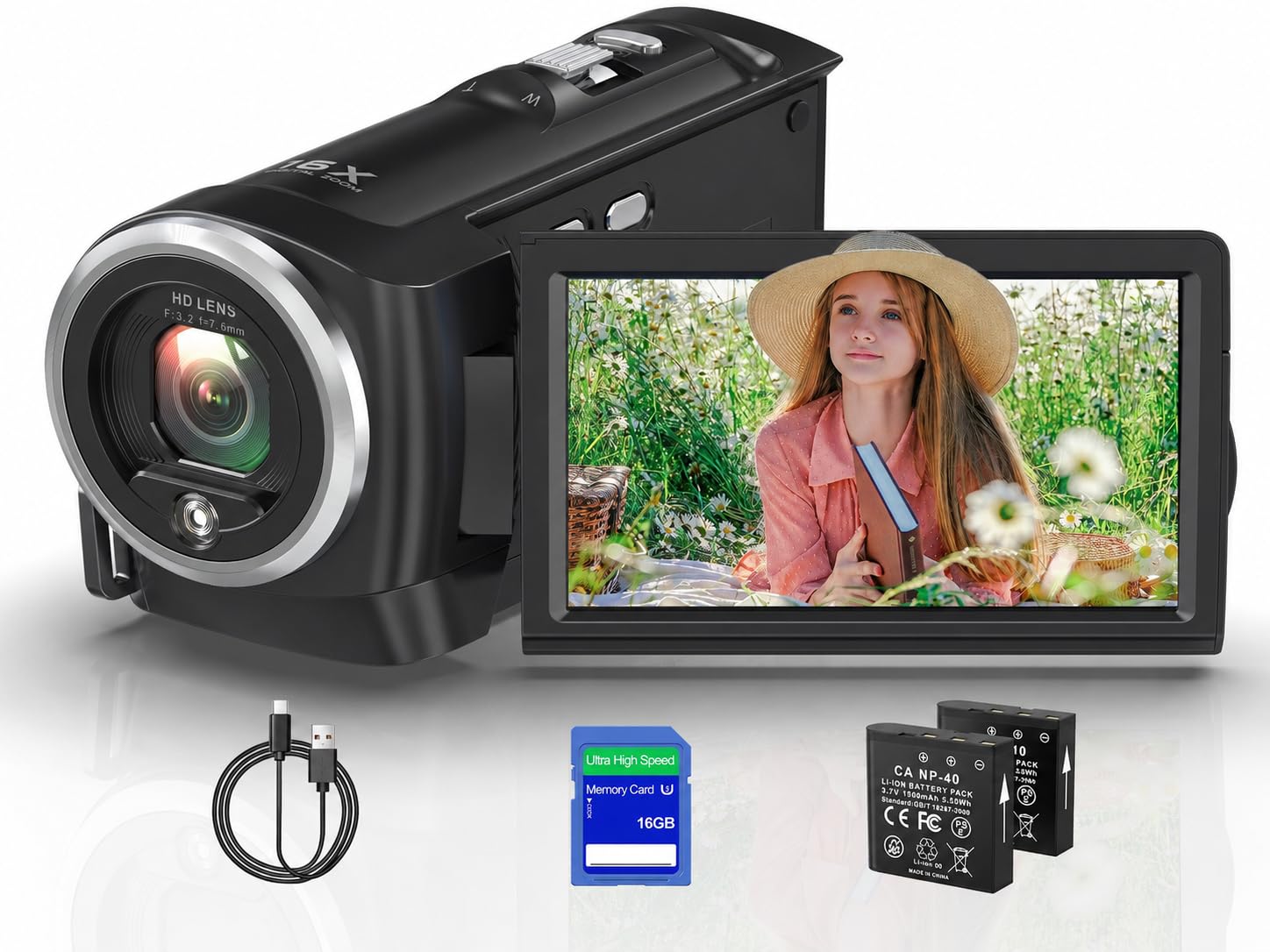 2.7k video camera qhd 56mp camcorder 16x digital zoom | vlogging cameras for youtube 270 degree rotation screen camcorders webcam with 16g sd card and 2 batteries