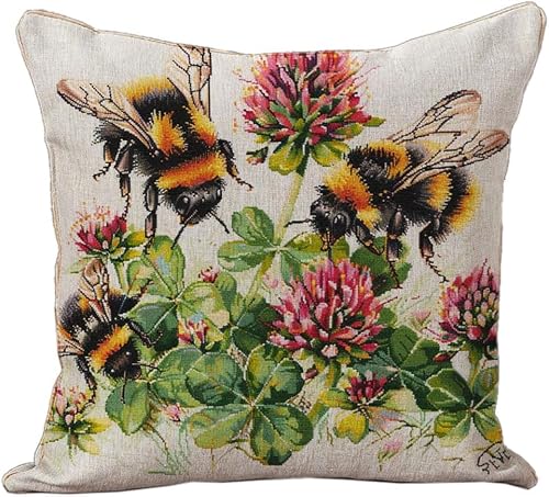 Wallphantom Girls Cross Stitch Cushion Covers Kits,Bees On Clover Flowers,Embroidery Kit Printed Tapestry Canvas 11Ct Cushion Kit For Creative Home Decor,45X45cm