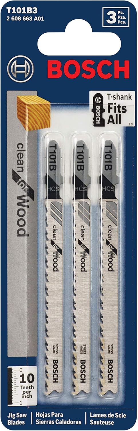 Bosch T101B3 3-Piece 4 In. 10V TPI Clean Wood Cutting T-Shank Jig Saw Blades