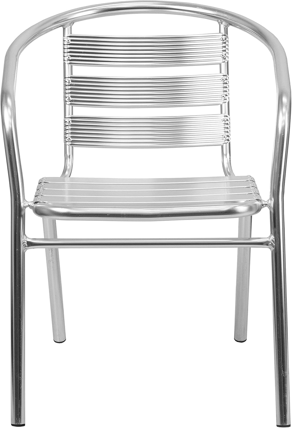 Bowery Hill Metal Stacking Patio Chair, 29" H x 22" W x 24" D, Aluminum Frame, Silver Finish, Lightweight Design, Curved Slat Back, Integrated Arms, Indoor or Outdoor Seating with Plastic Floor Glides