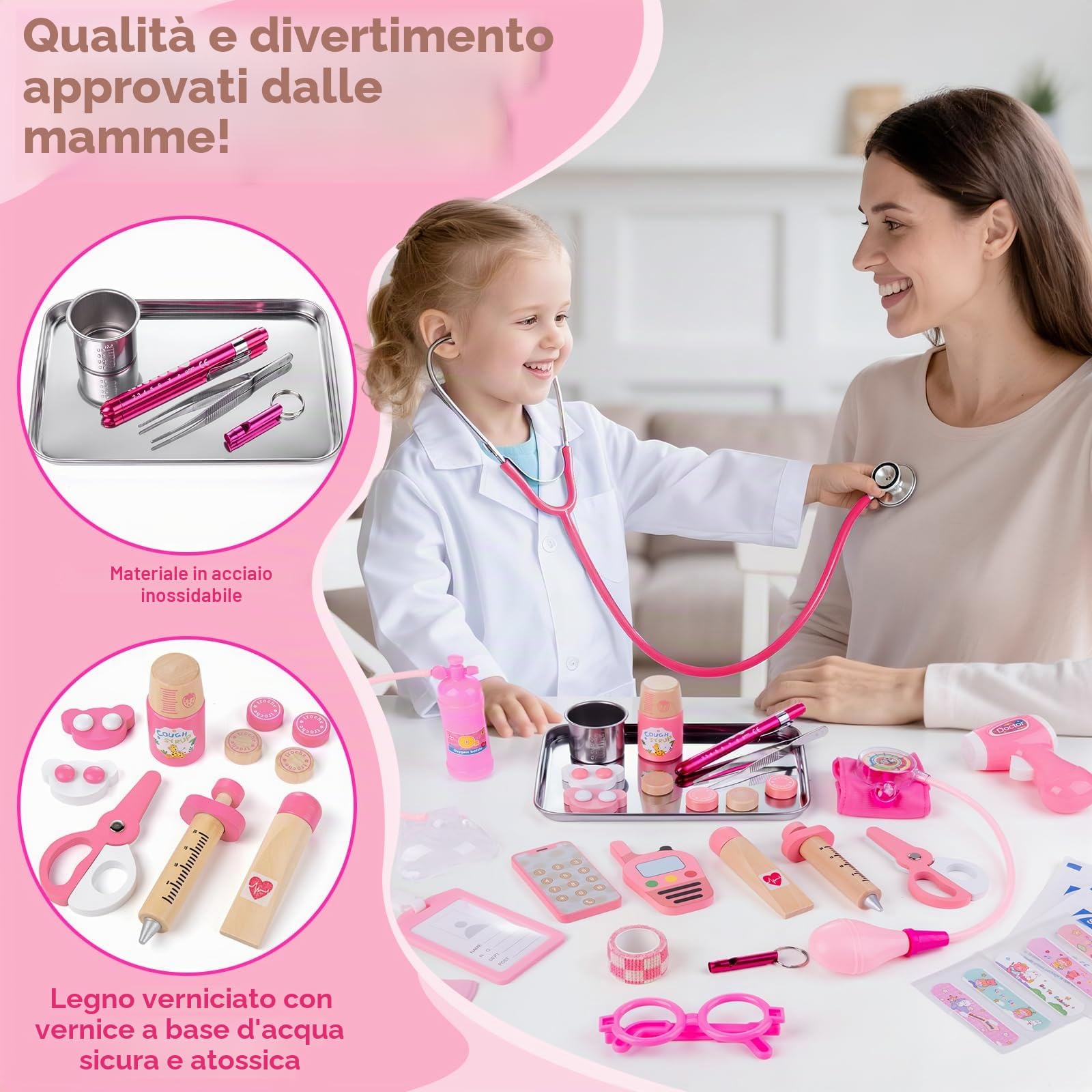 Sundaymot Valigetta Dottore Bambini, 35 Pezzi Kit Medico per Bambine con Vero Stetoscopio, Termometro, Camice da Medico e Borsa da Medico Portatile, Gioco di Ruolo per Ragazze dai 3 ai 6 Anni