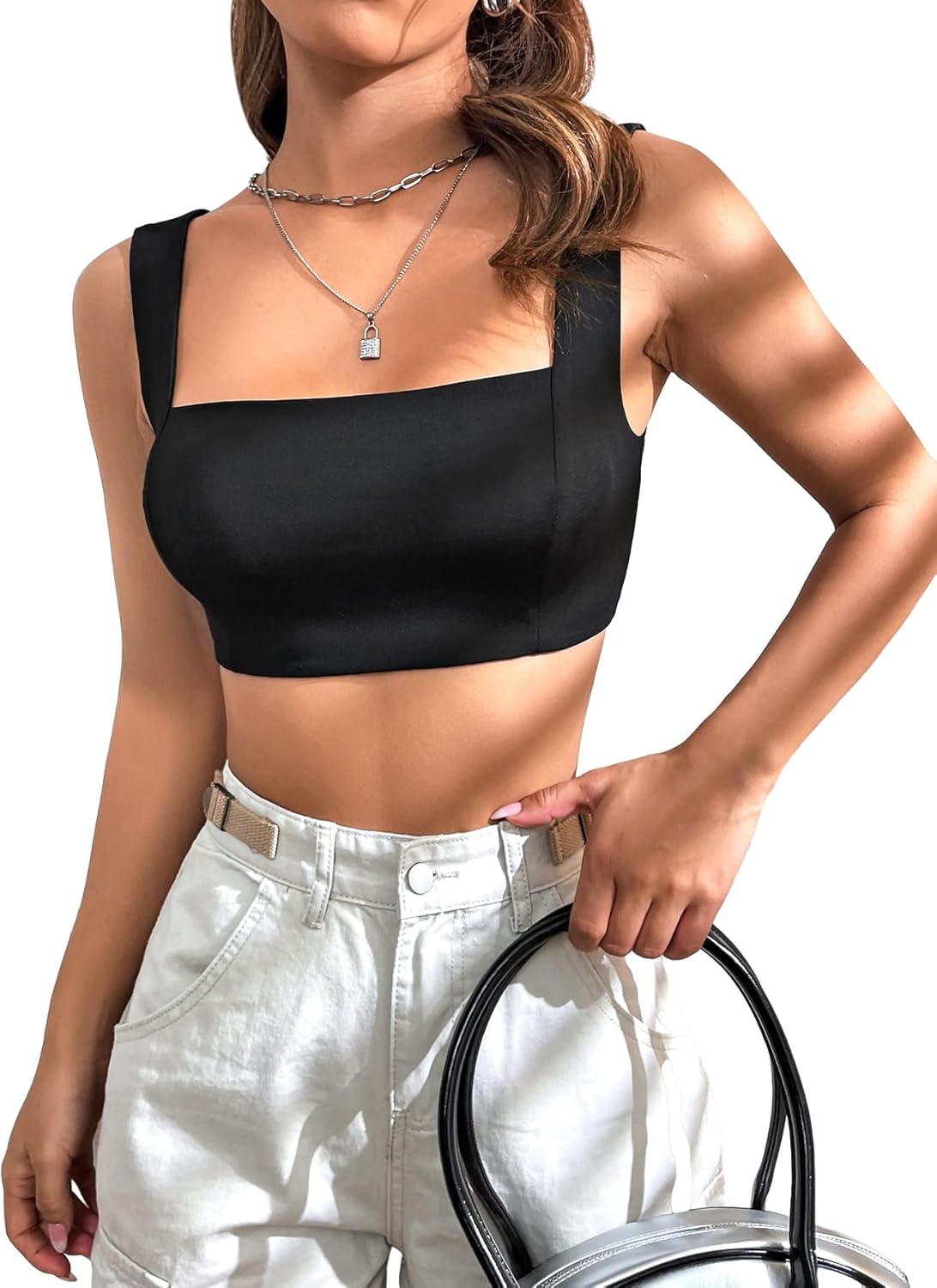 SHENHE Women's Wide Strap Square Neck Backless Solid Fitted Basic Crop Tank Summer Top