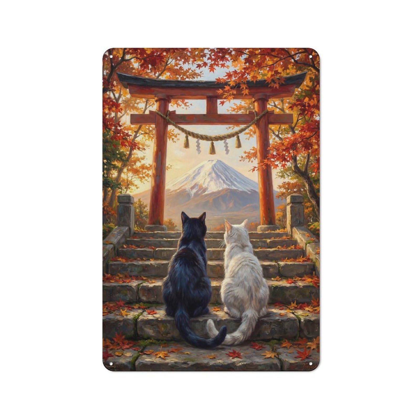 Junmoney Style-13 Cat Love Mount Fuji Torii Gate Autumn Retro-Style Printed Metal Sign 30X20cm For Hallway Wall, Winter Wall Decor For Wall Display Collectors