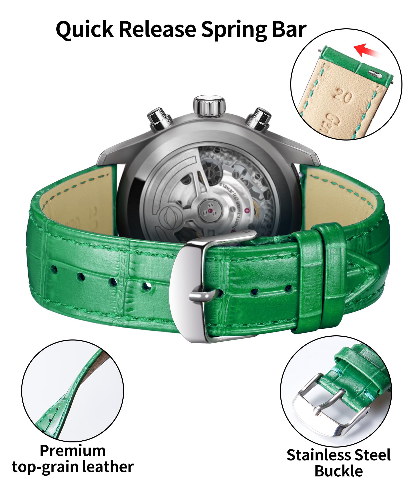 BINLUN Correa de Reloj de Cuero 10MM-24MM Diseño Cocodrilo Aligátor Liberación Rápida Correas de Repuesto para Smartwatch Hombre Mujer — view 3