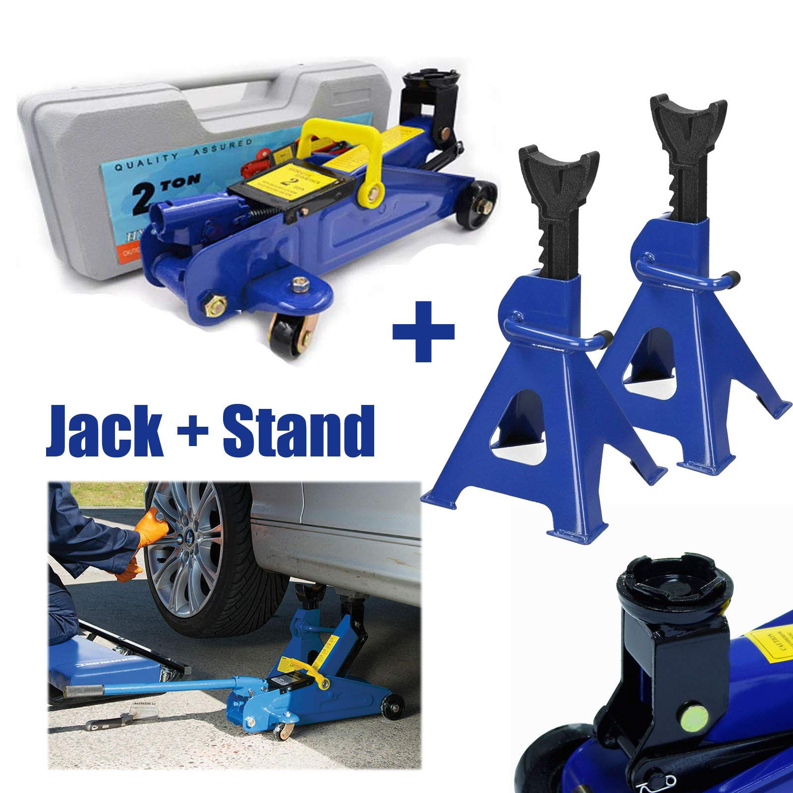 Buy 2 Ton Hydraulic Trolley Floor Jack + 3 Ton Axle Stands Heavy Duty