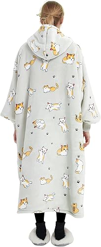 Miniatura 3 de KFUBUO Manta con capucha para adultos, larga sherpa, todos los patrones de gato, sudadera de gran tamaño con bolsillos, regalos de cumpleaños para