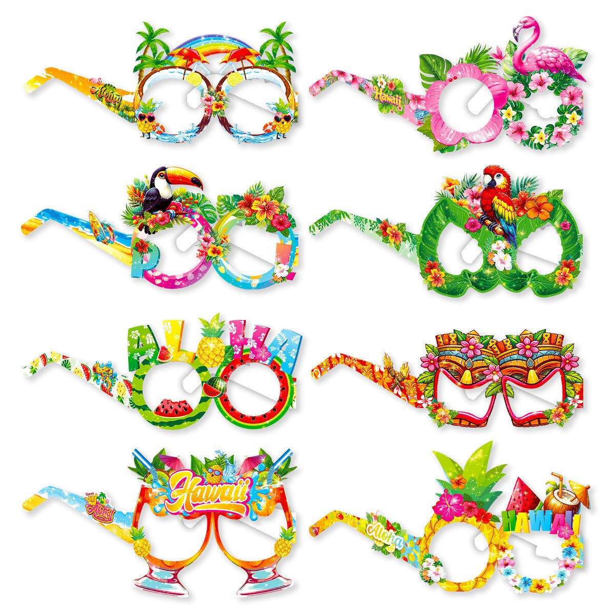 Bolosa Hawaiian Party Glasses, 8 Pcs Luau Party Props, Tropical Photo Booth Props with Flamingo, Pineapple & Parrot Designs, for Luau, Summer Birthday, Beach, Garden Party & Kids Party Favours
