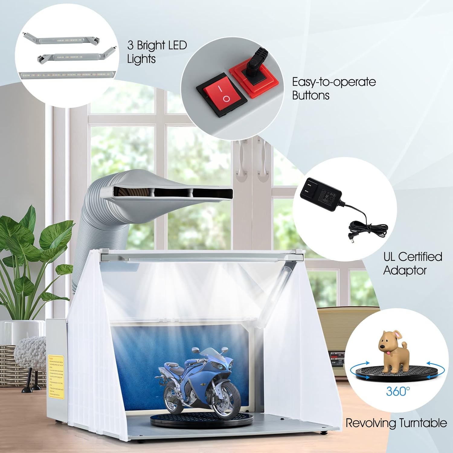 COSTWAY Airbrush Spray Booth, with Powerful Fan, 3 LED Lights, 360° Turntable, 2-Layer Filter, 5.6 FT Exhaust Hose, Lighted Hobby Spray Booth for Painting, Model, Crafts, Nails