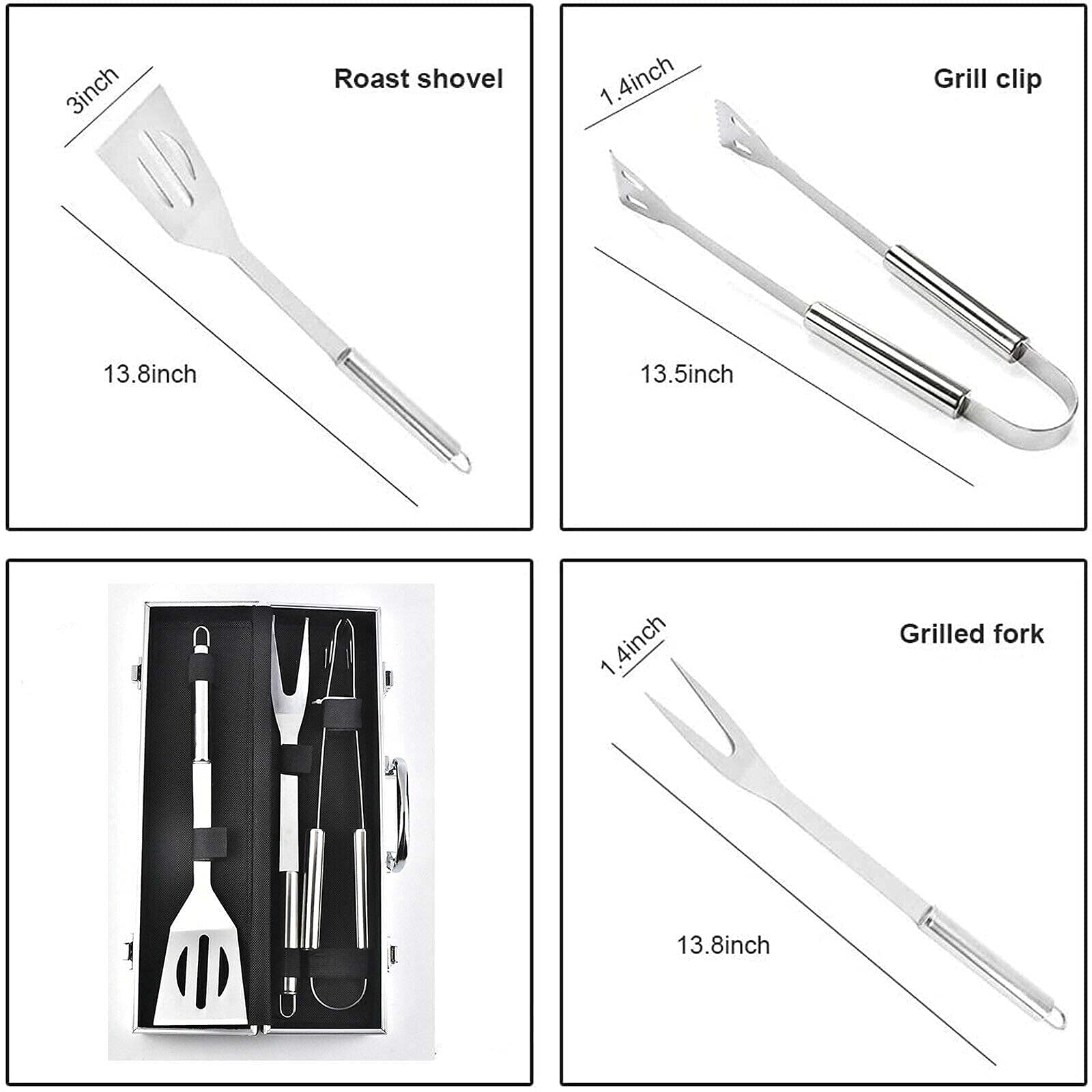 Juego de herramientas para barbacoa de acero inoxidable resistente, 3 piezas, juego de pinzas para barbacoa (espátula, tenedor, pinza) con estuche de almacenamiento portátil duradero, utensilios princ
