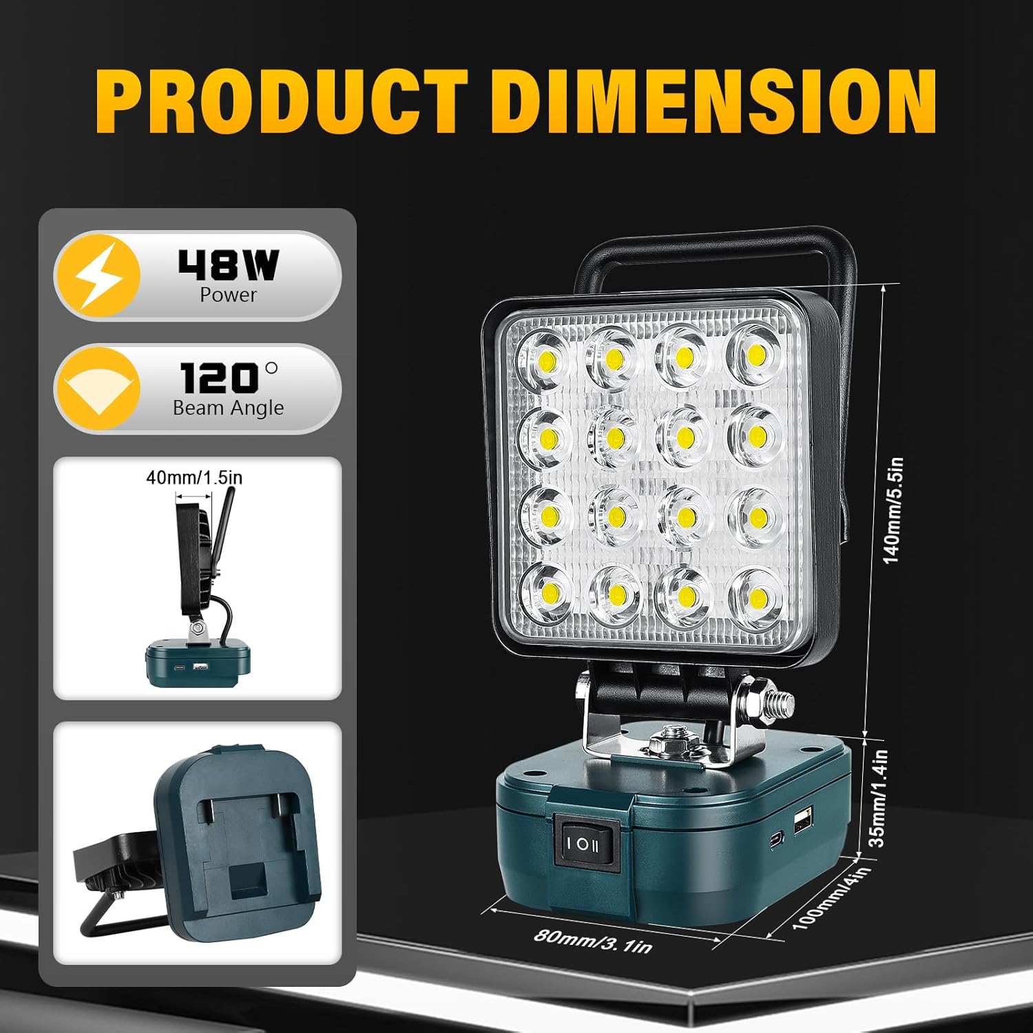SKYWORLD Cordless LED Work Light for Bosch 18V Battery, 48W 4800LM Portable Floodlights for Outdoor Low Voltage Camping Lighting, Workshop, Garage, Job site, Car Repairing, Emergency (No Battery)