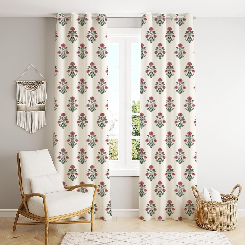 Trance Home Linen Floral Printed Semi Room Darkening Curtains for Long Doors | 10 Feet 100% Cotton Curtains for Living Room Bedroom Office | Parda | Eyelet Ring (Aangan Red - Set 2, 10Ft)