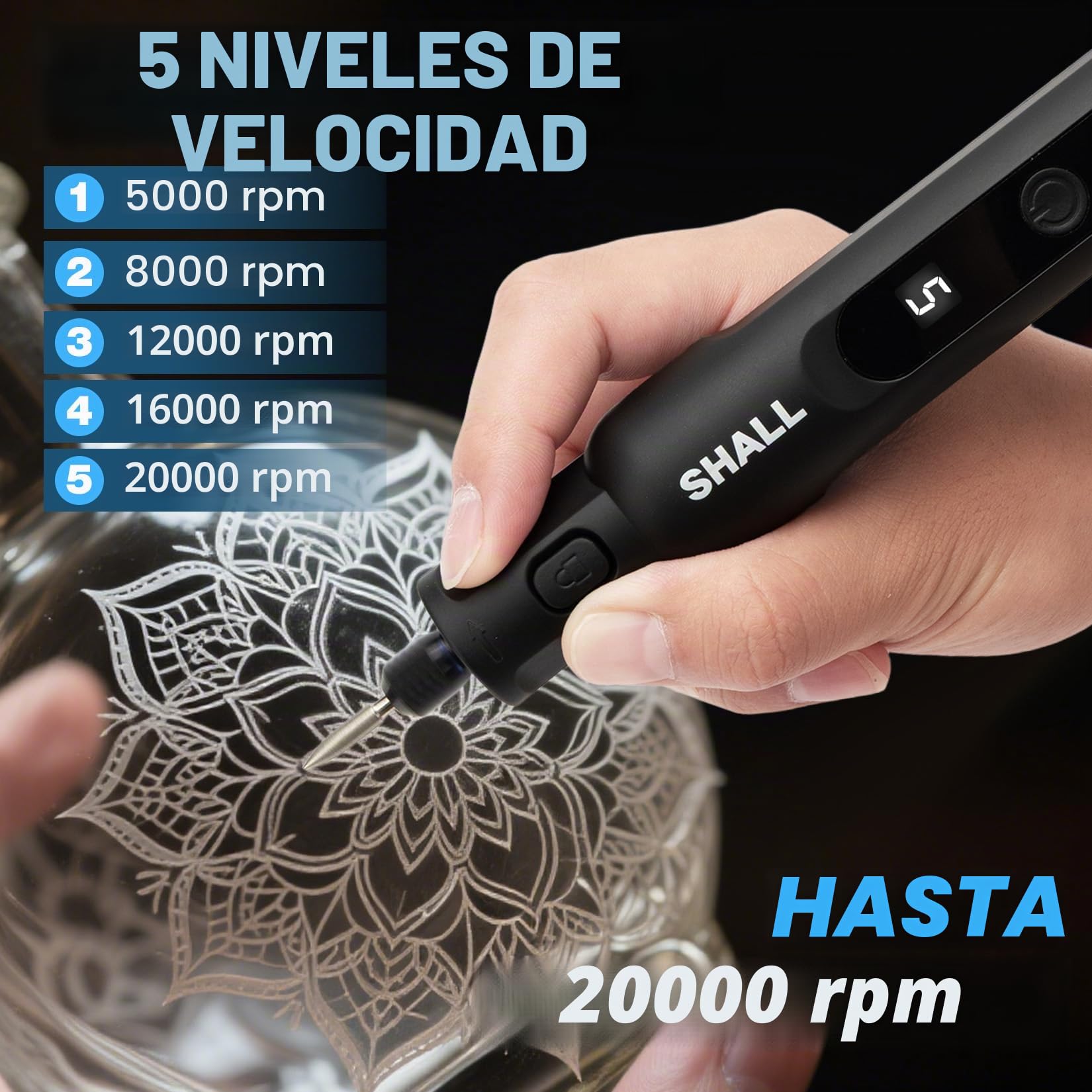 SHALL Mini herramienta giratoria inalámbrica 3.7V, 5000-20000RPM 5 velocidades variables USB recargable con 70 accesorios y luz led, para lijar, pulir, perforar, molir, grabar, cortar, bricolaje